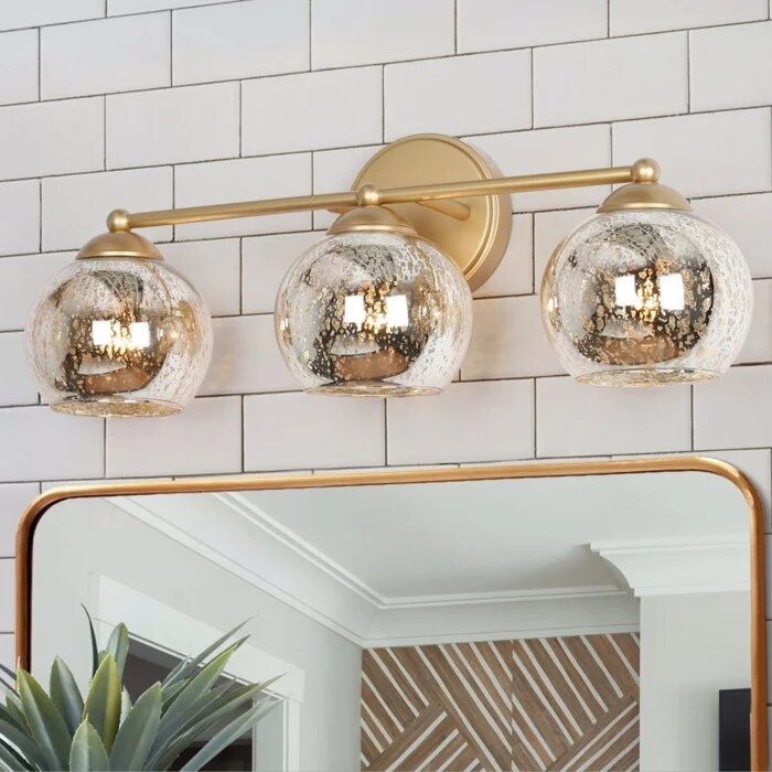 Mid-Century Modern 3-Light Linear Gold Bathroom Vanity Lights Globe Wall Sconces with Mercury Glass - 21