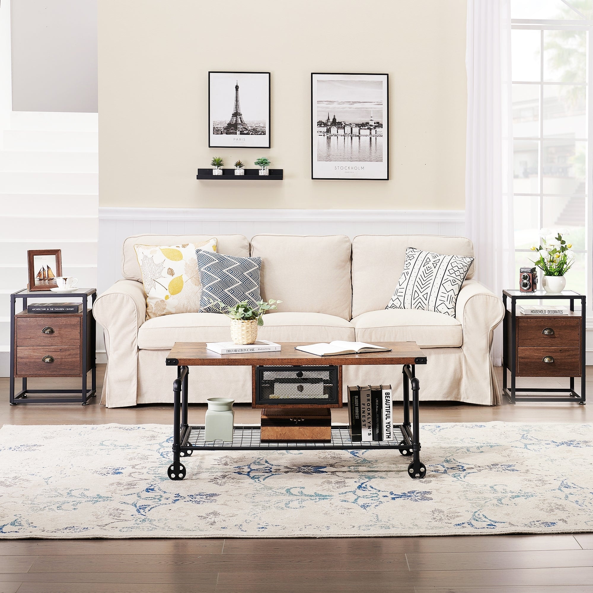 Industrial Coffee Table Set of 3， Rustic Brown Sofa Table and Glass Top Nightstands Set of 2 - Mycitystee