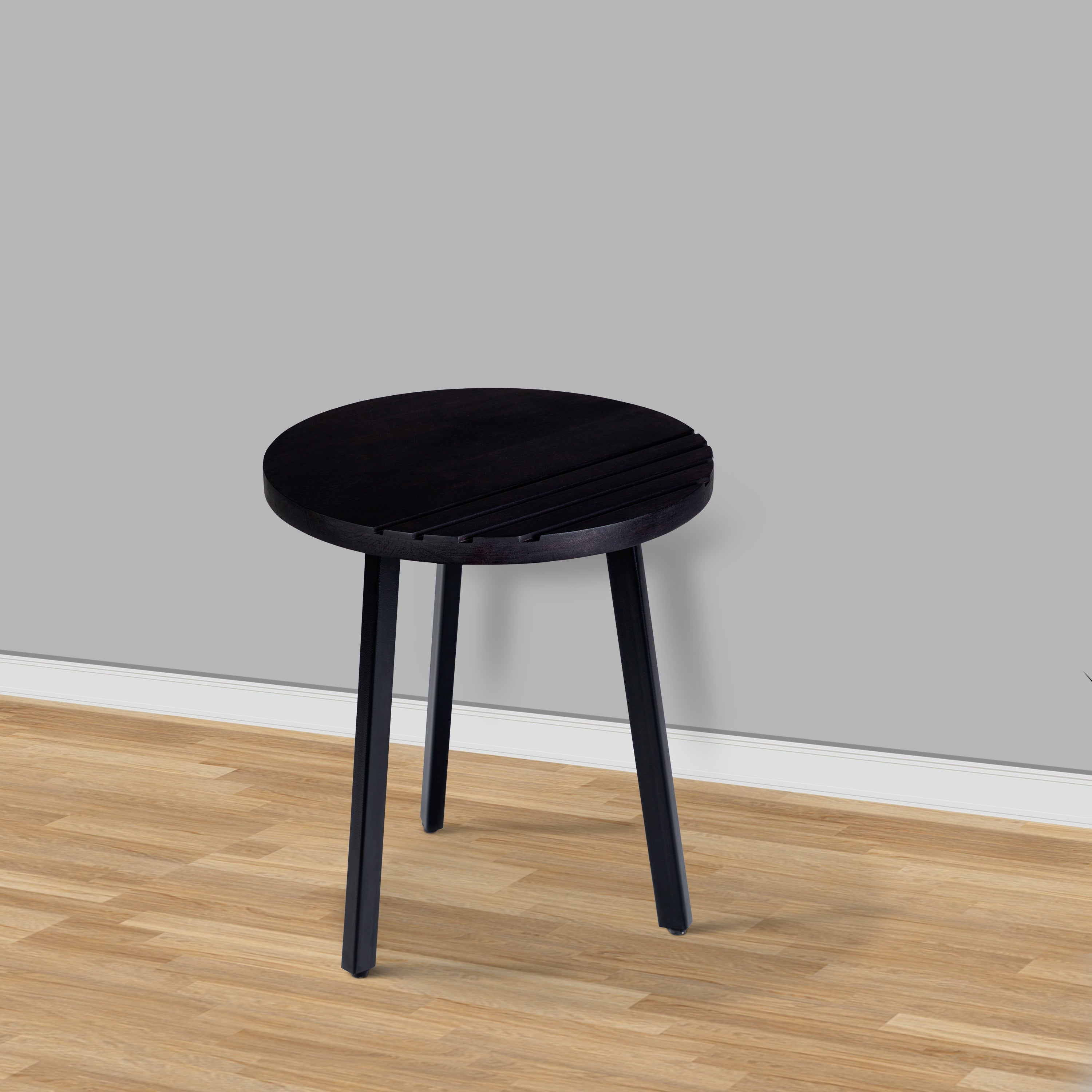 18 Inch Round Mango Wood Side End Table with Metal Legs， Grooved Design - Mycitystee