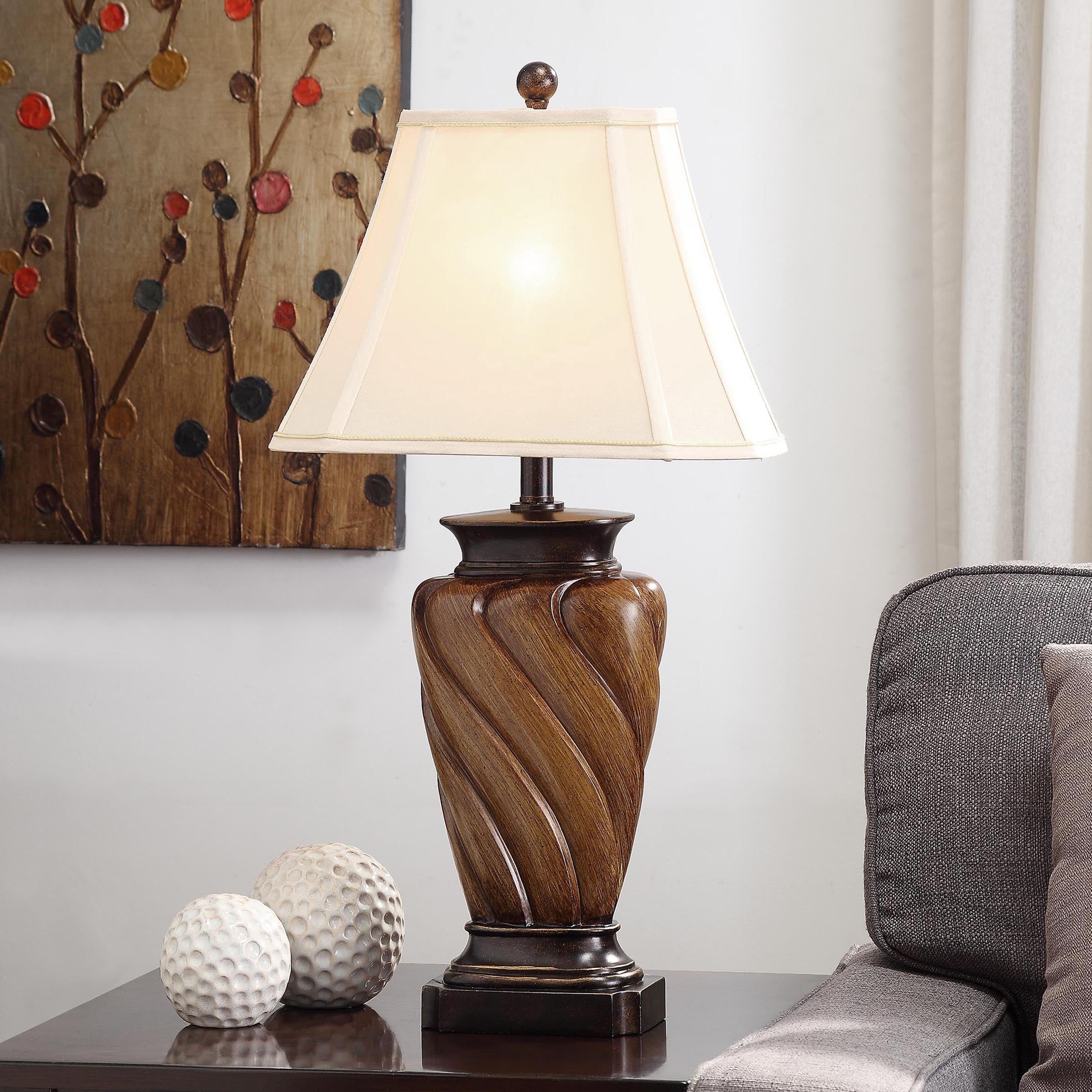 StyleCraft Toffee Wood Table Lamp - White Fabric Shade - Mycitystee