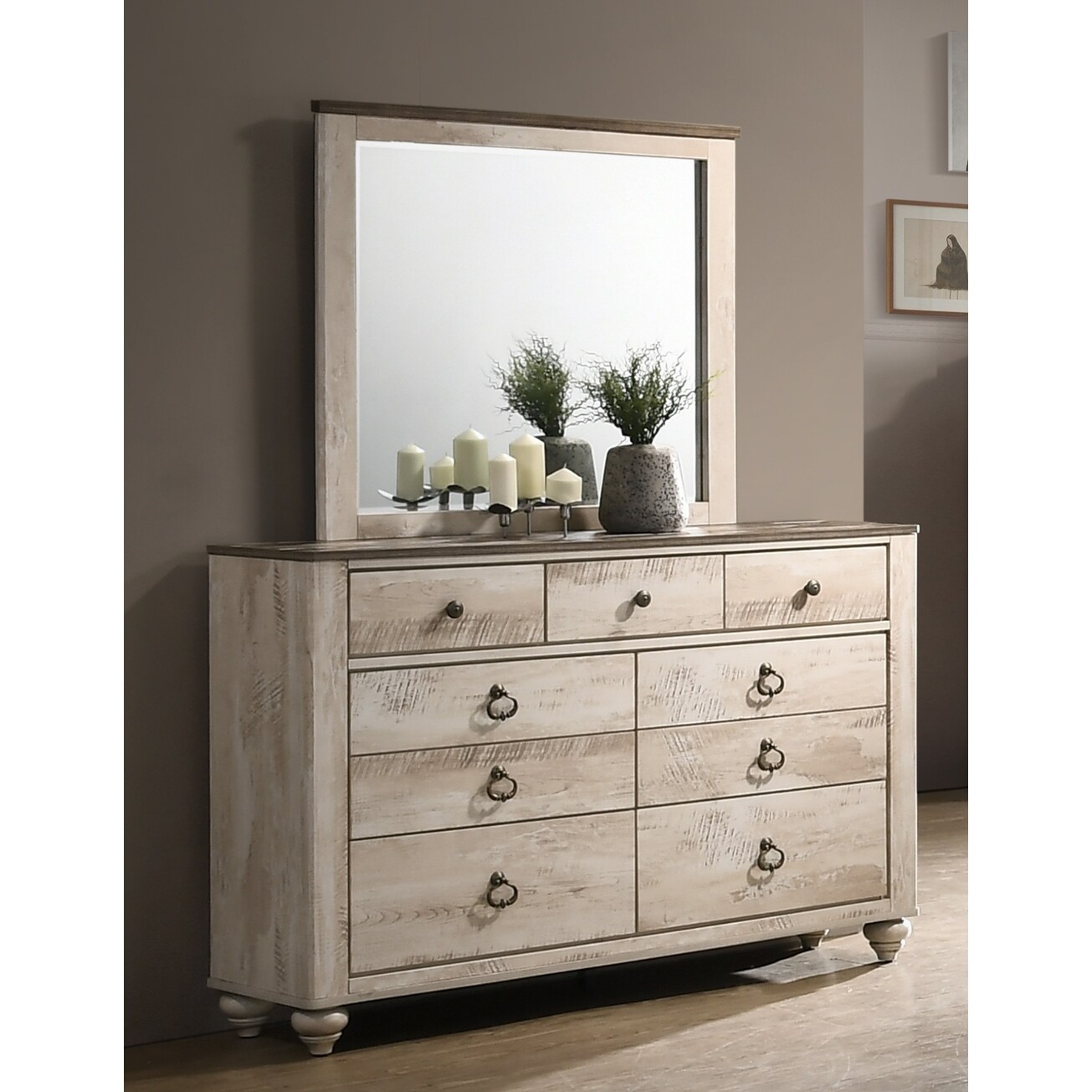 Roundhill Furniture Imerland Contemporary White Wash Patched Wood Top Dresser， Mirror - - 19781551 - Mycitystee
