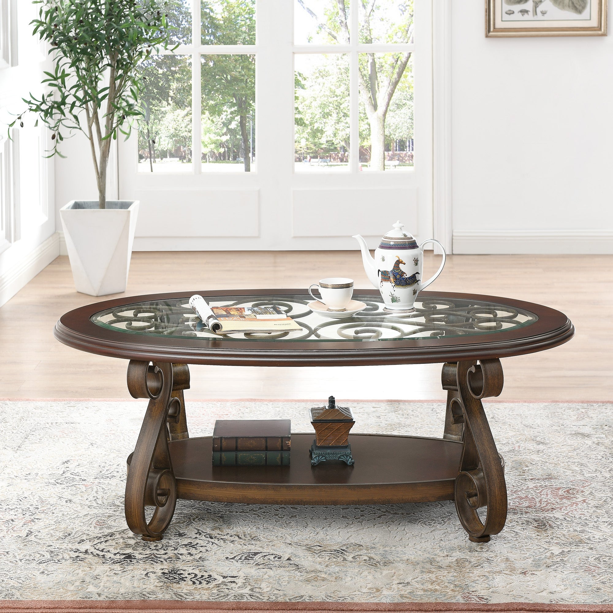 Nestfair Dark Brown Coffee Table with Glass Table Top and Powder Coat - Mycitystee