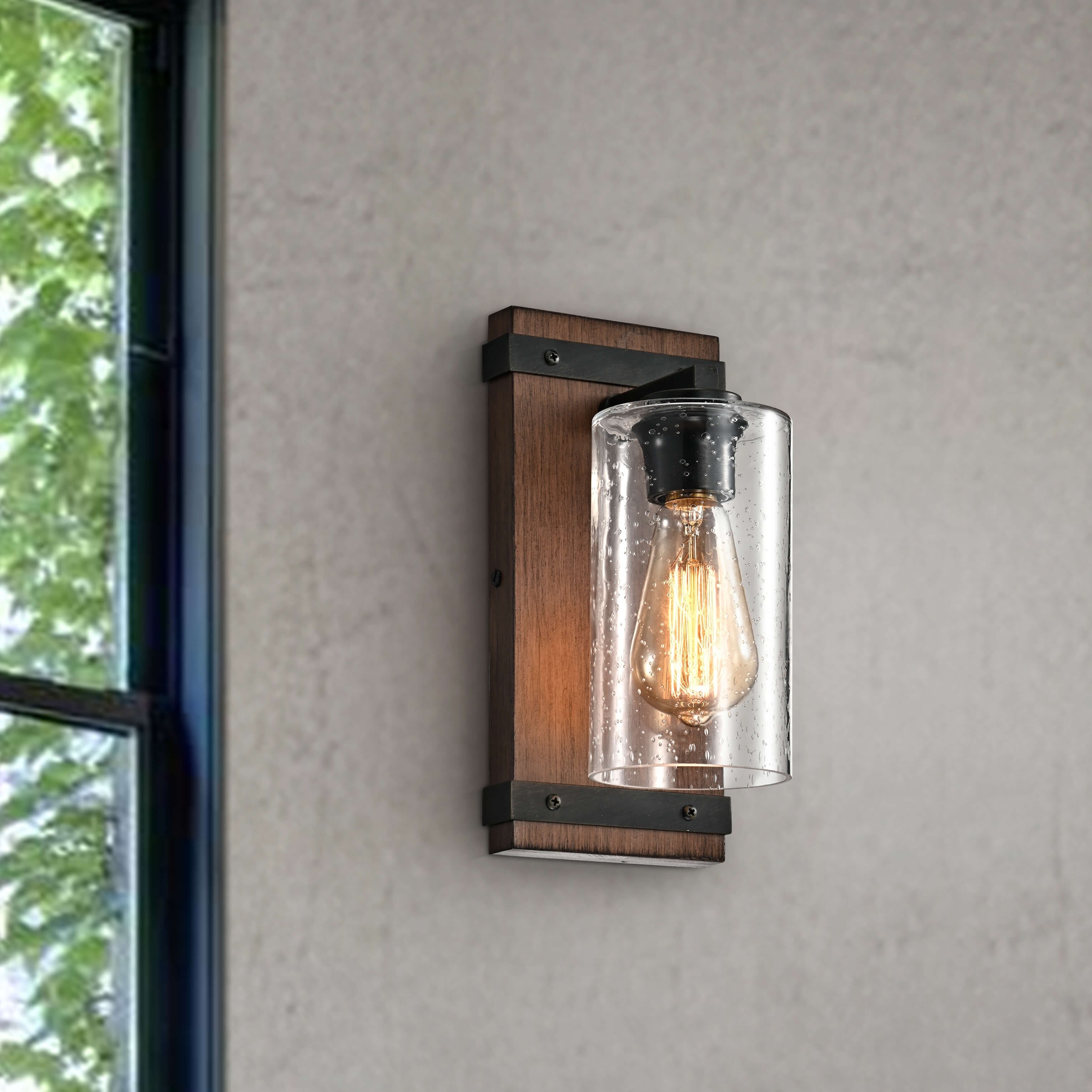 Anastasia Antique Black Metal and Natural Wood Base Glass Wall Sconce - Mycitystee