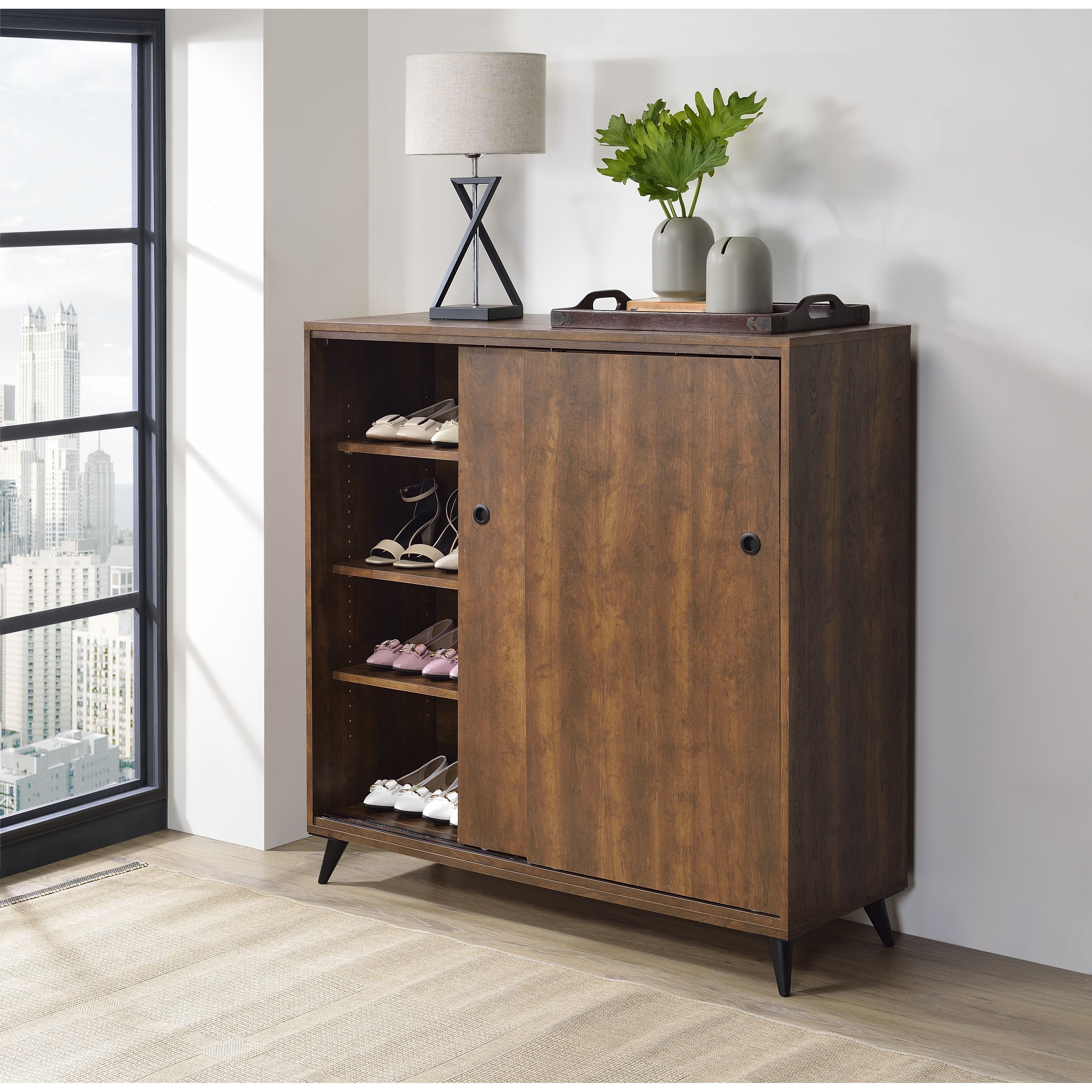 Wooden Rectangular Cabinet with 2 Sliding Doors and 4 Shelves，Oak - - 35762282 - Mycitystee