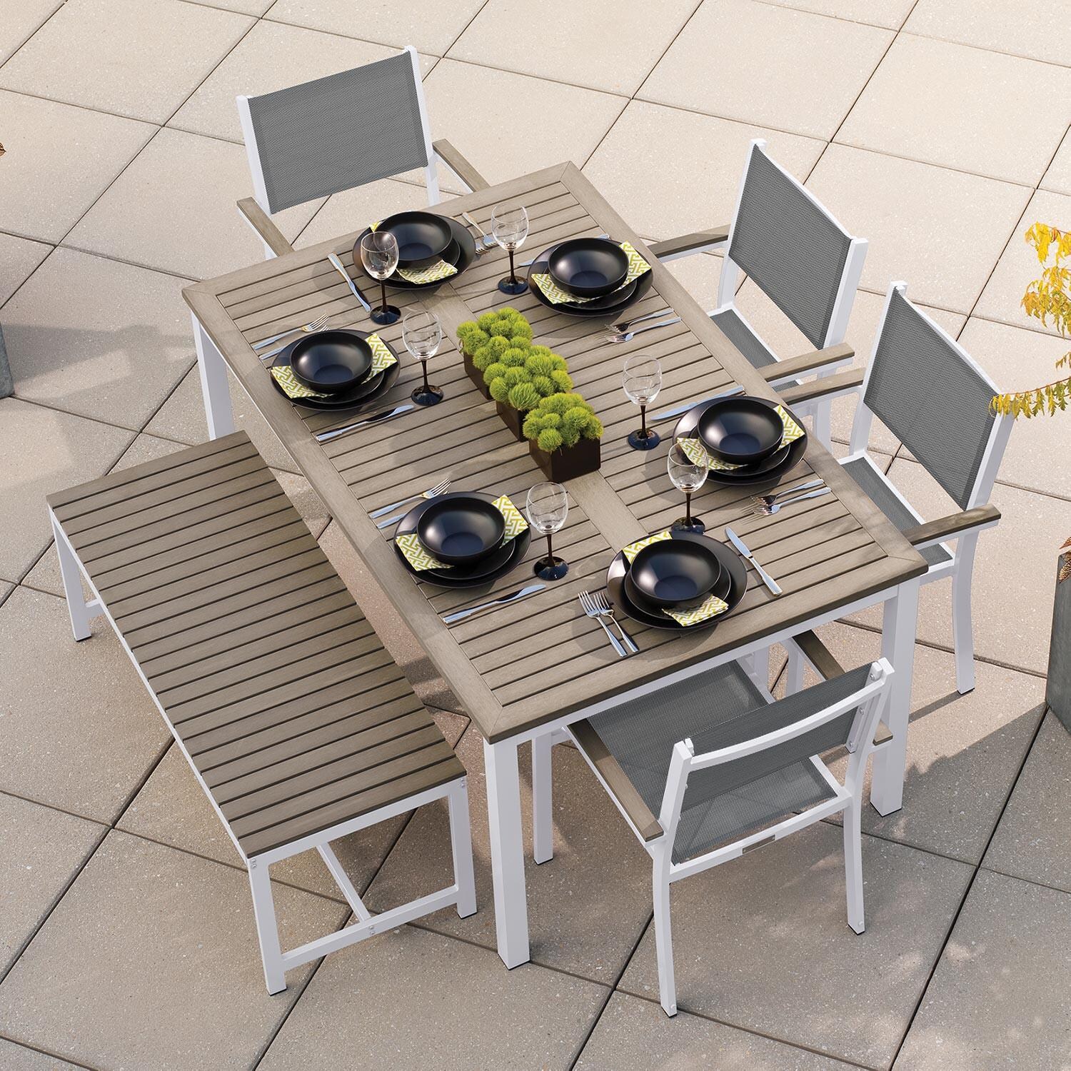 Oxford Garden Travira 6 Piece Chalk Aluminum Patio Dining Set W/ Titanium Sling Armchairs， 63-Inch Rectangular Vintage Tekwood Table and Backless Benc - Mycitystee