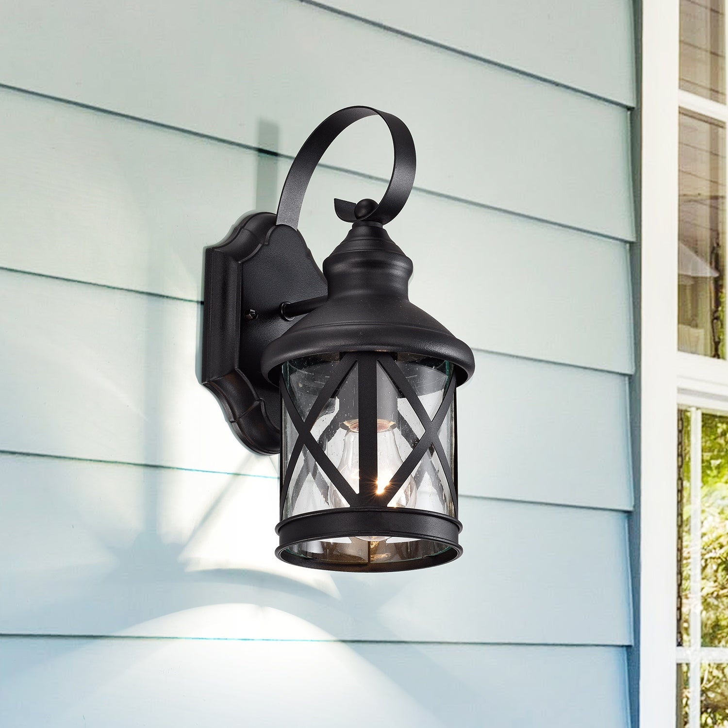 1-Bulb Black Outdoor Wall Lantern Sconce with Seeded Glass - Mycitystee