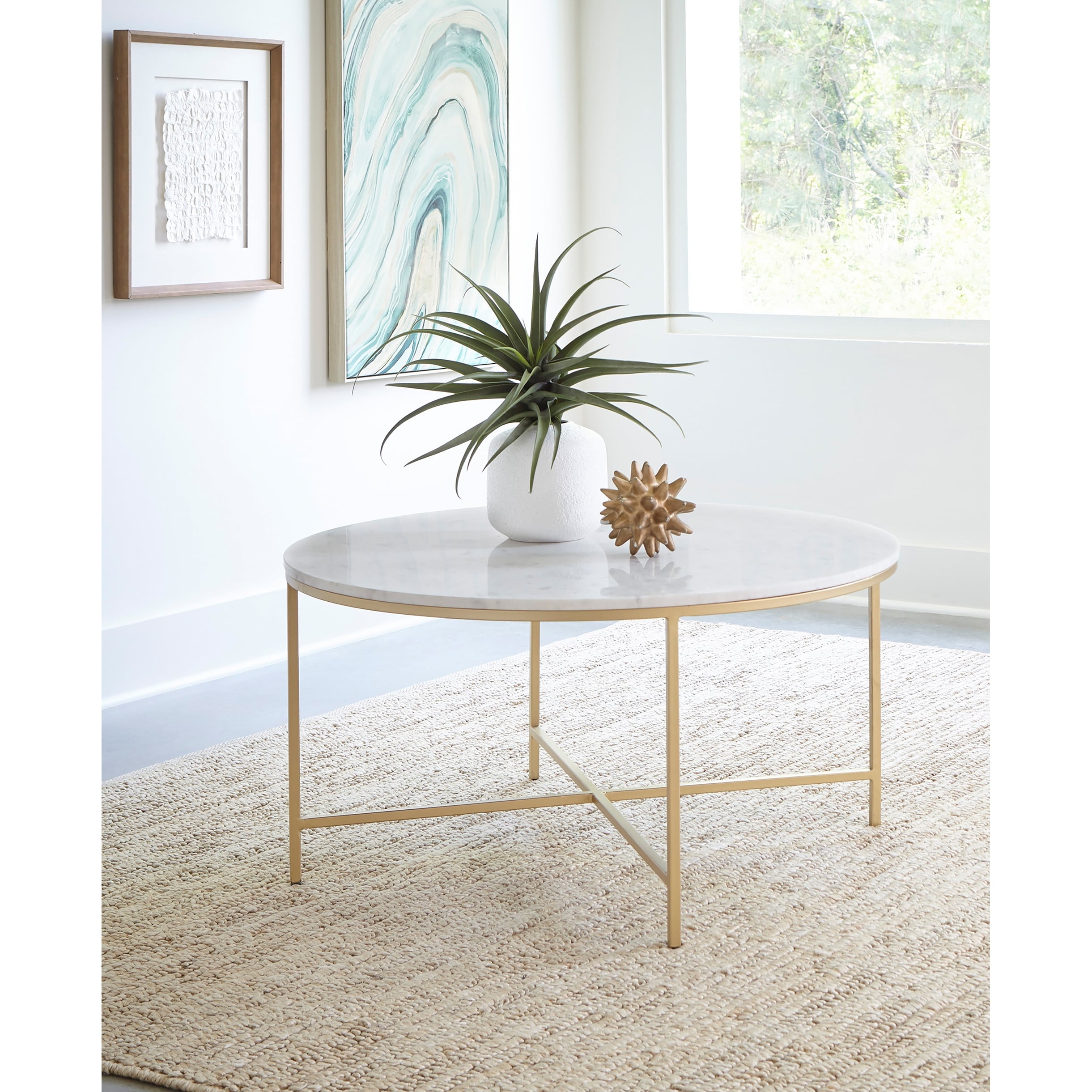 Coaster Furniture Ellison White and Gold Round X-cross Coffee Table - Mycitystee