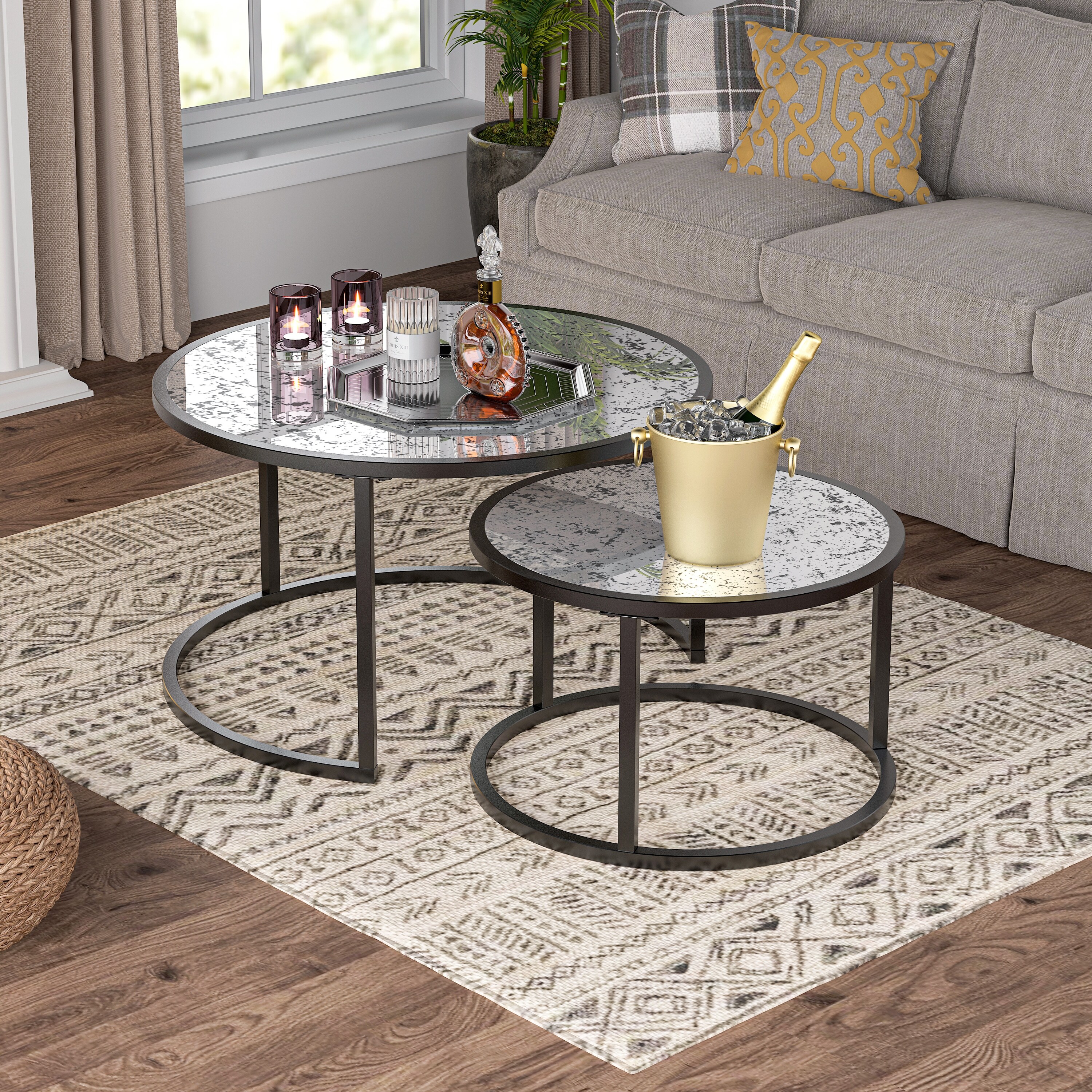 Round Coffee Table Set of 2 Set of 2 Nesting Tables， Metal Frame and Glass Top End Tables for Living Room Bedroom - Mycitystee