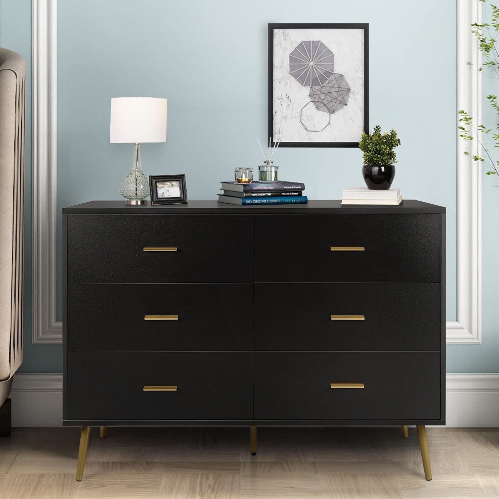 Black Dresser for Bedroom， Modern Wooden 6 Drawer Dresser with Wide Drawers and Gold Handles， Chest of Drawers - as picture - - 37668572 - Mycitystee