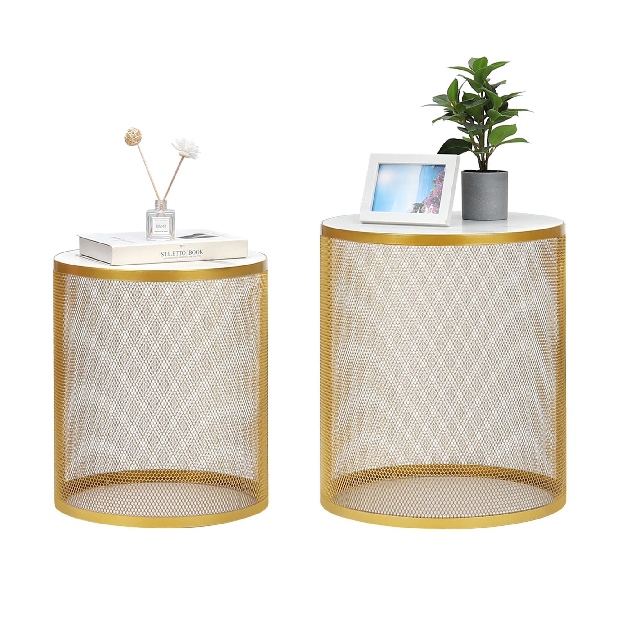 Set of 2 Nesting Sofa Table Metal Round Coffee Table Waterproof Side Table with MDF Top End Table for Indoor Multifunctional Use - Mycitystee