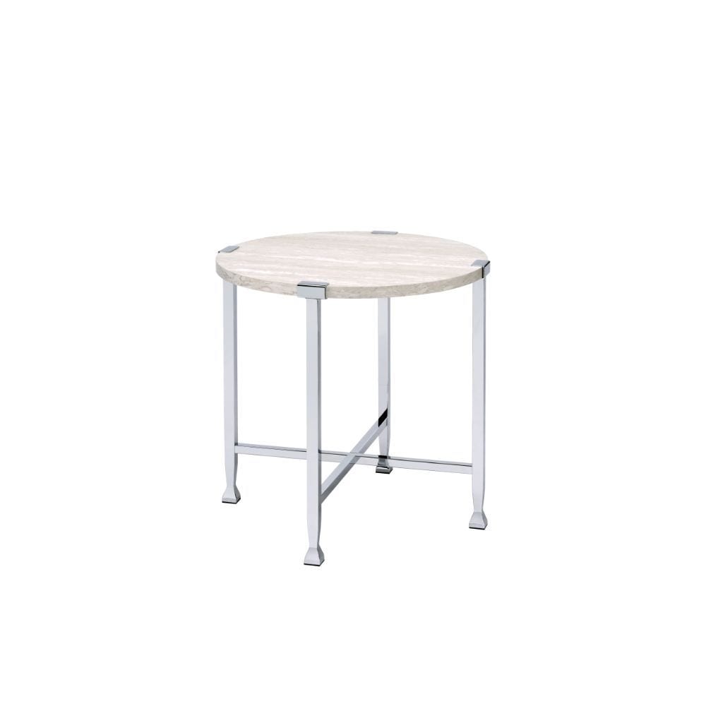 Coffee Table， White Oak andChrome Round End Table NO Storage Wooden Top， Metal Frame Leg with X-Shape Support Wooden Top - Mycitystee