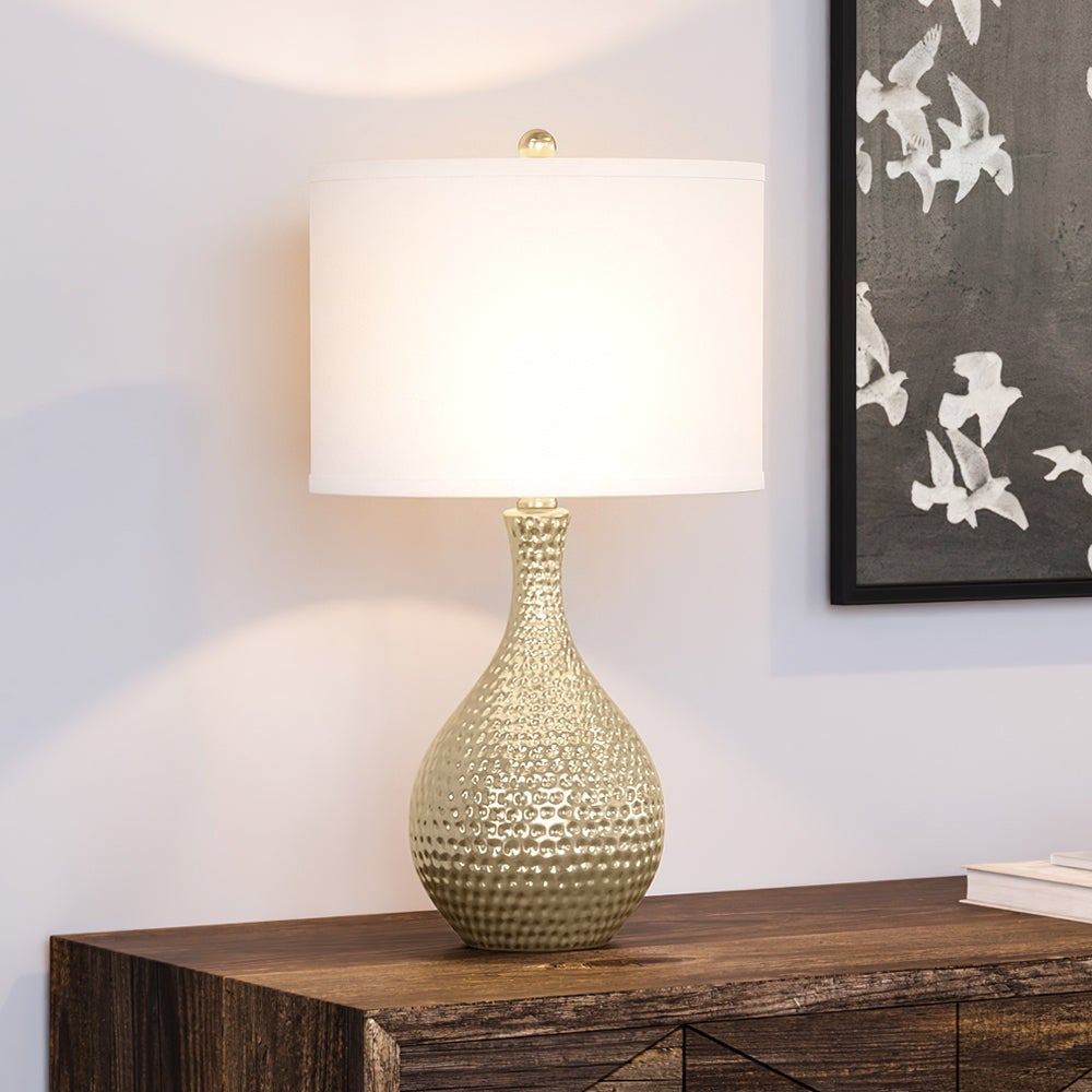 Luxury Transitional Table Lamp， 12''W x 12''D x 22''H， with Glam Elements， Gold Finish and a White Faux Silk Hardback Shade - Mycitystee
