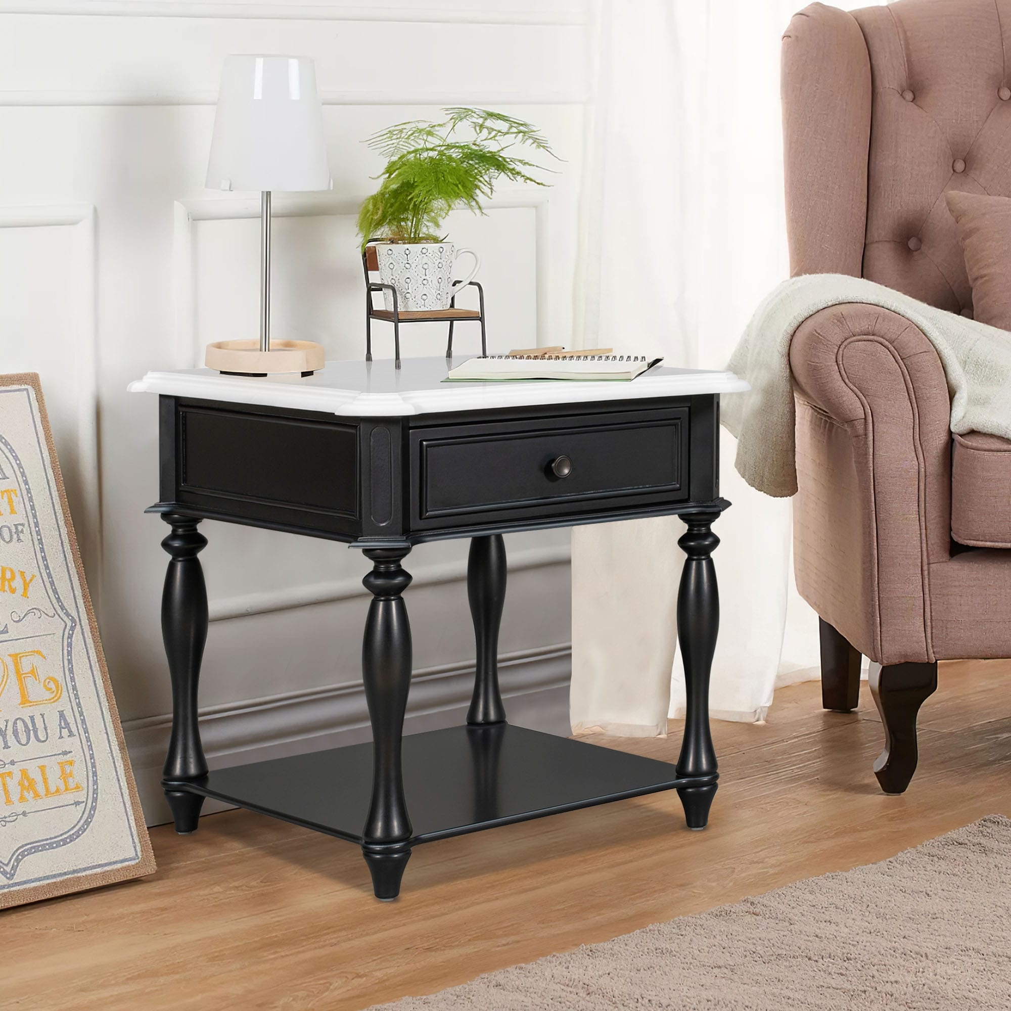 Classic Two-Tone End Table with Open Shelf and Storage Drawer for allway， Foyer， Den， Living Room - Mycitystee