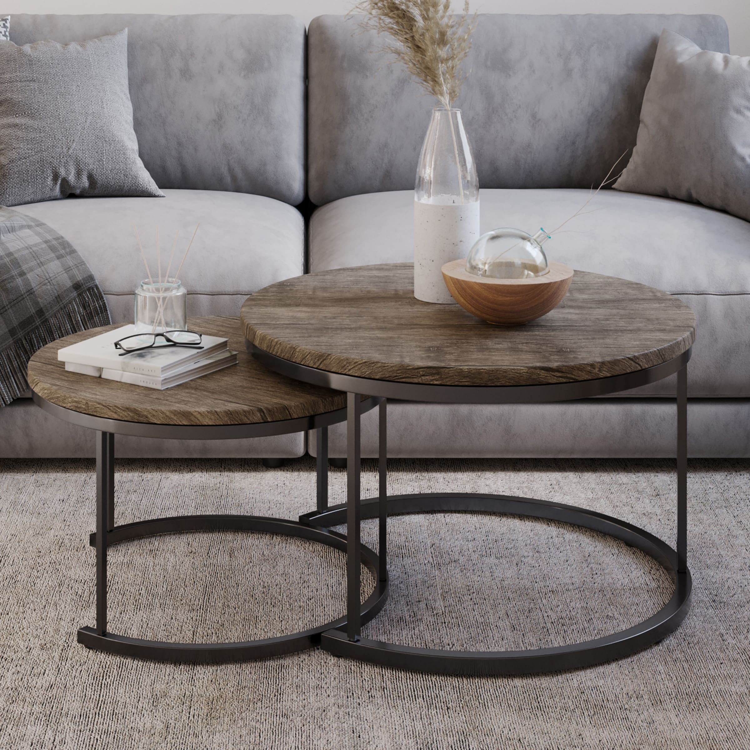 Round Coffee Table Set - 2-Piece Nesting Tables by Lavish Home (Gray-Brown) - Mycitystee