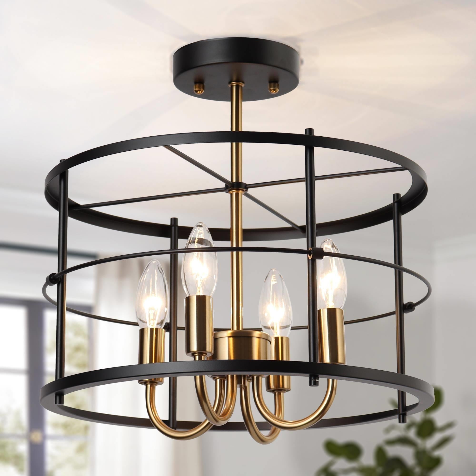 Modern 4-Light Black Gold Drum Semi Flush Mount Foyer Kitchen Ceiling Lights - Mycitystee