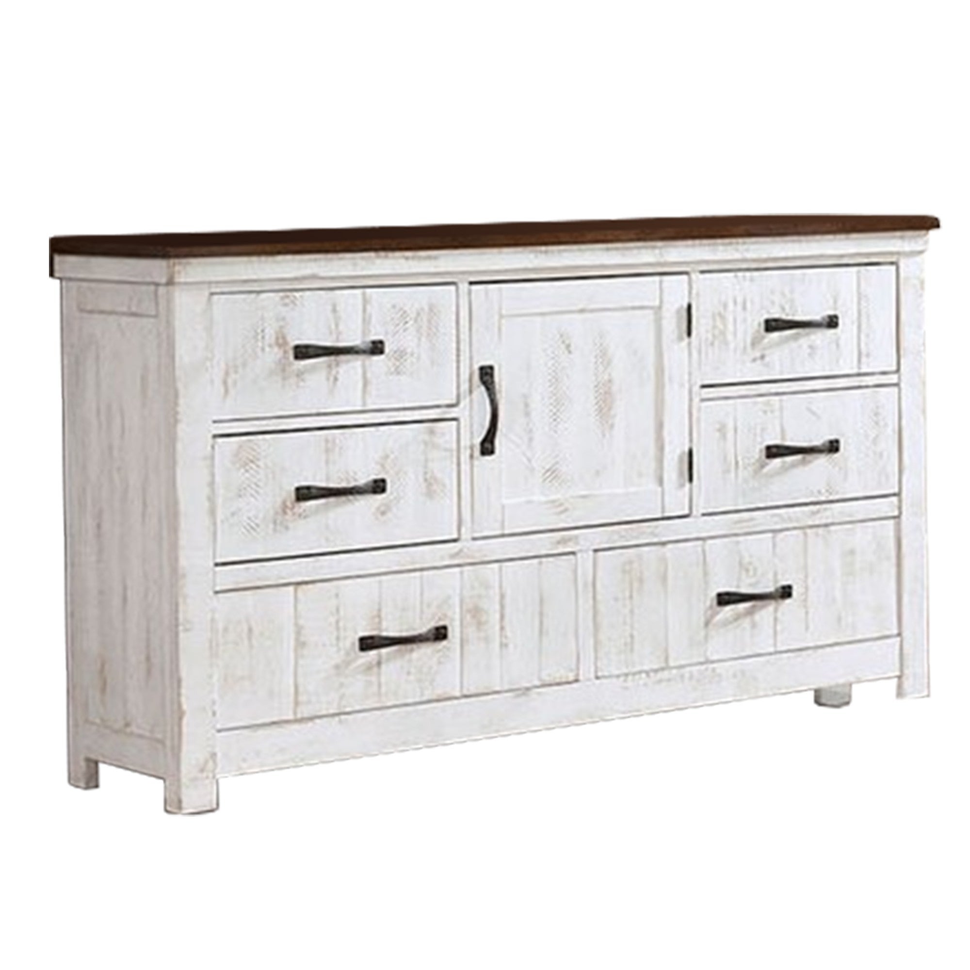 Dresser with Plank Design 6 Drawers and Contrasting Top， White and Brown - - 34166426 - Mycitystee