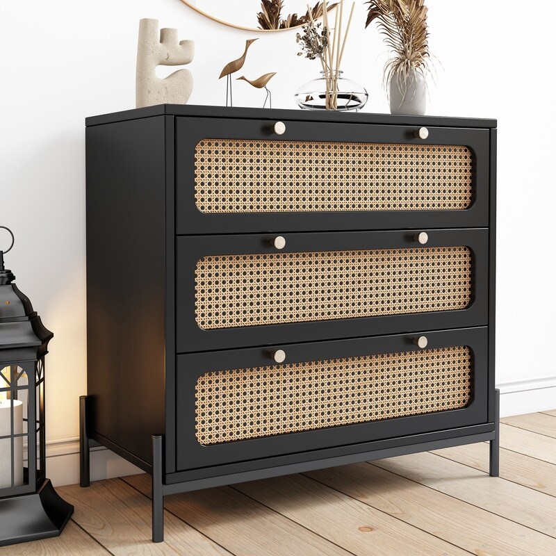Rattan Wood Storage Cabinet 3-Drawer Chest for Bedroom - - 37989635 - Mycitystee