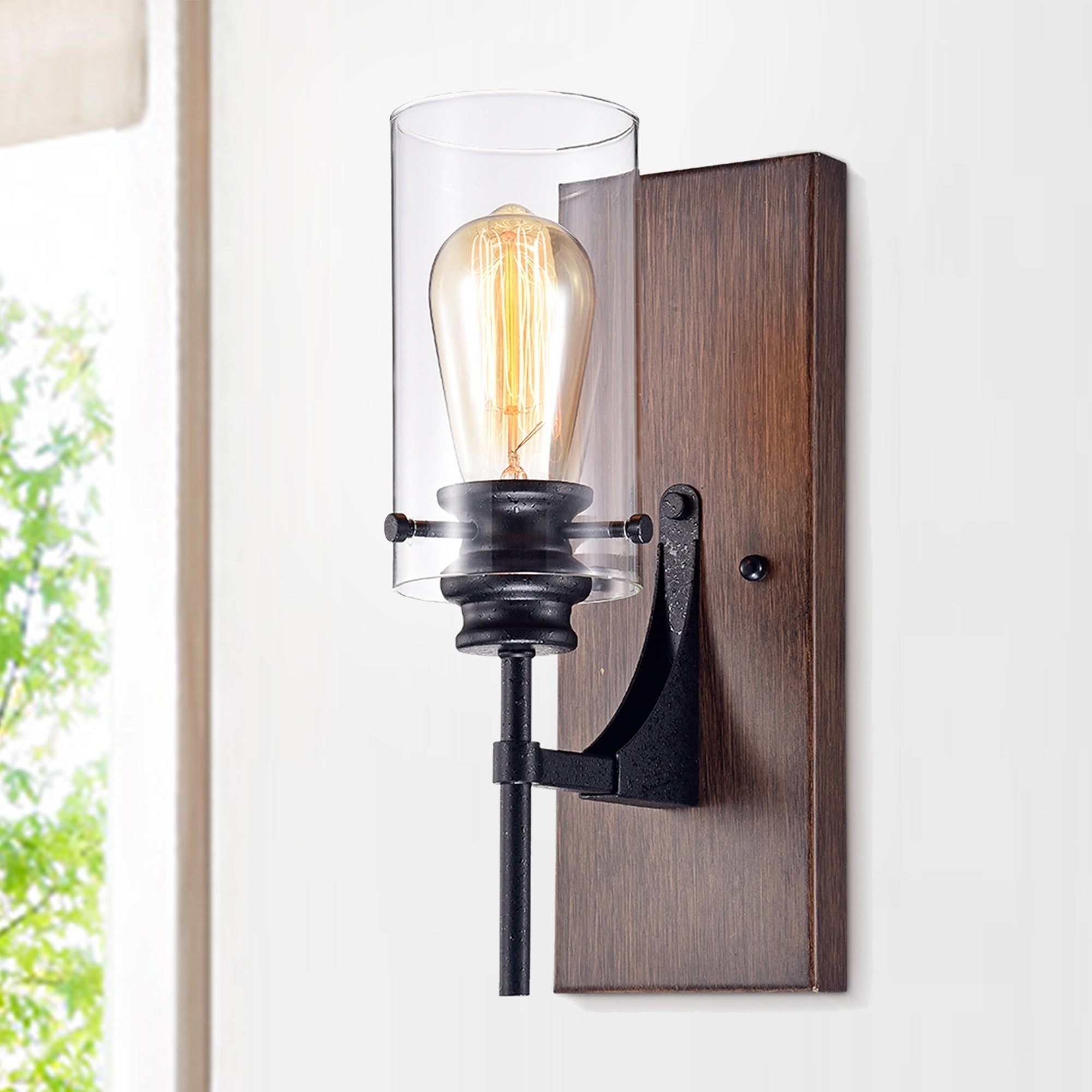 Stravo 1-light Black and Faux Wood Finish Metal Wall Sconce with Glass Cylinder Shade (includes Edison Bulb) - Mycitystee