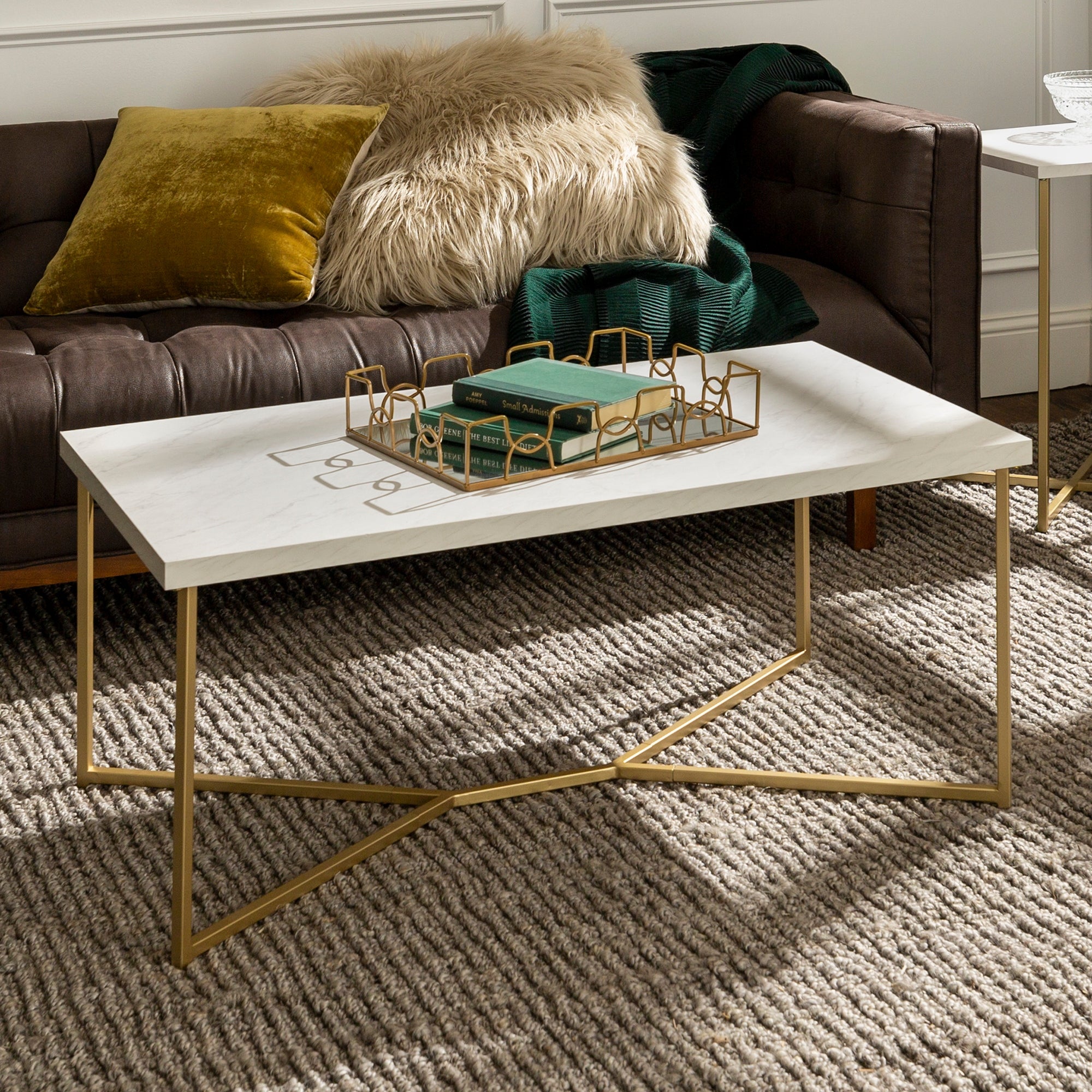 Diana Y-Leg Coffee Table， White Faux Marble/Gold - Mycitystee