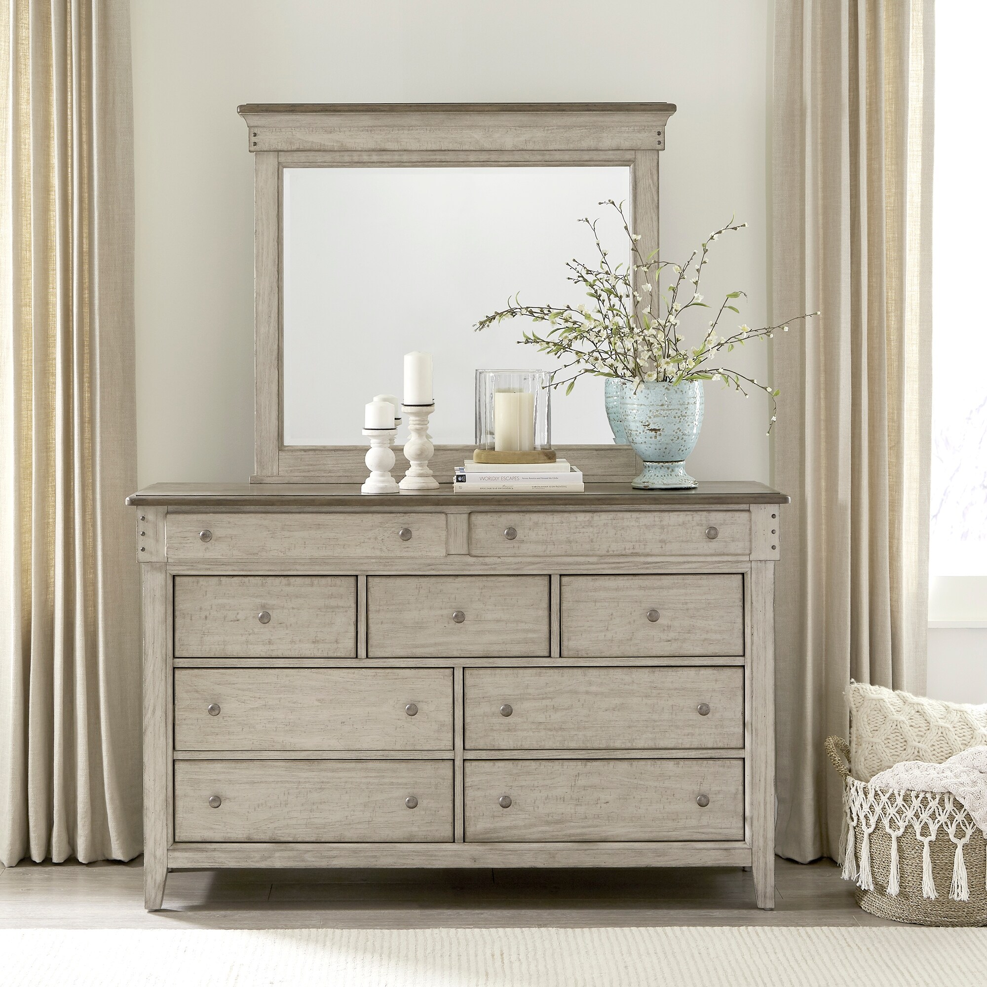 Ivy Hollow Weathered Linen Dusty Taupe Dresser and Mirror - - 36107956 - Mycitystee