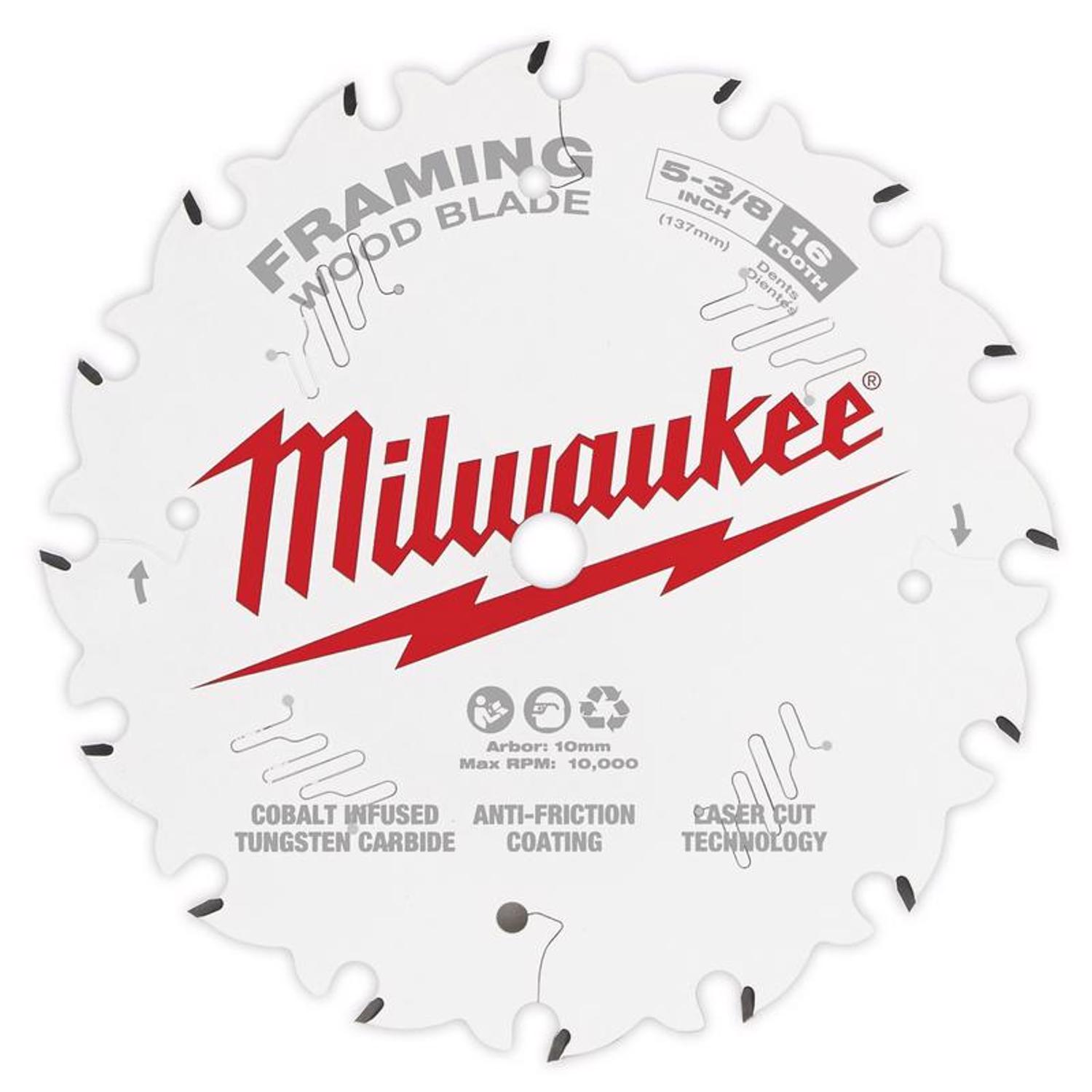 Milwaukee 5-3/8 in. D X 10 mm Tungsten Carbide Framing Blade 16 teeth 1 pk - Mycitystee
