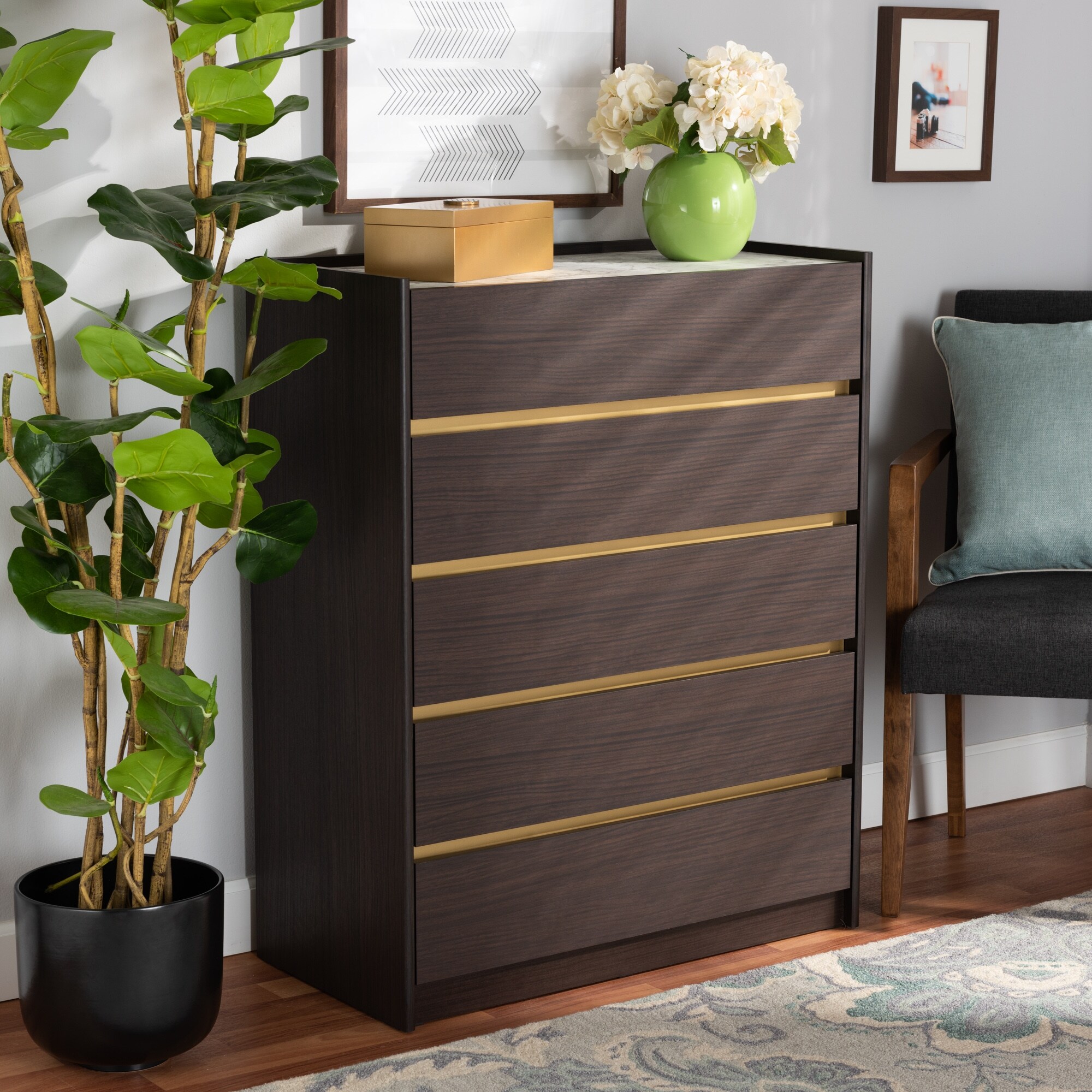 Walker Modern Dark Brown and Gold Finished 5-Drawer Chest - - 33914449 - Mycitystee