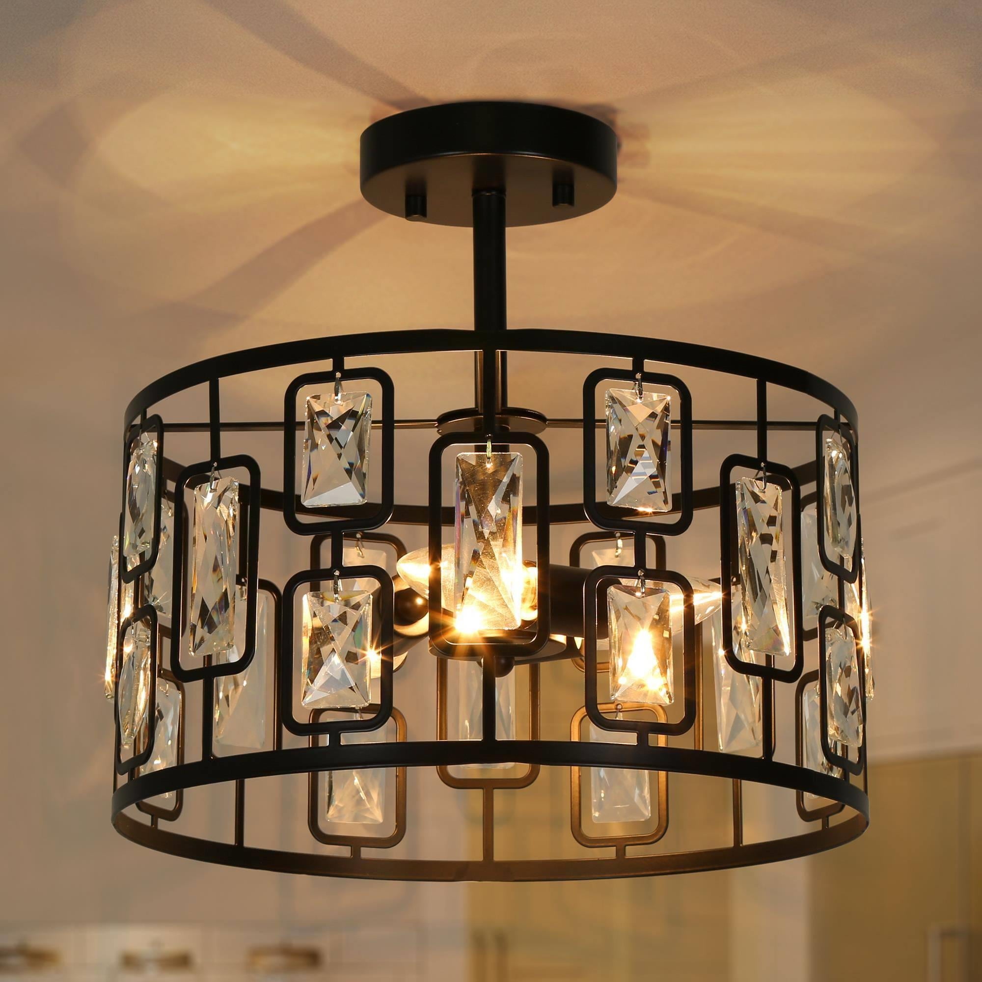 Uzel 3-Light 13-in Matte Black Crystal LED Semi-flush Mount Light，13