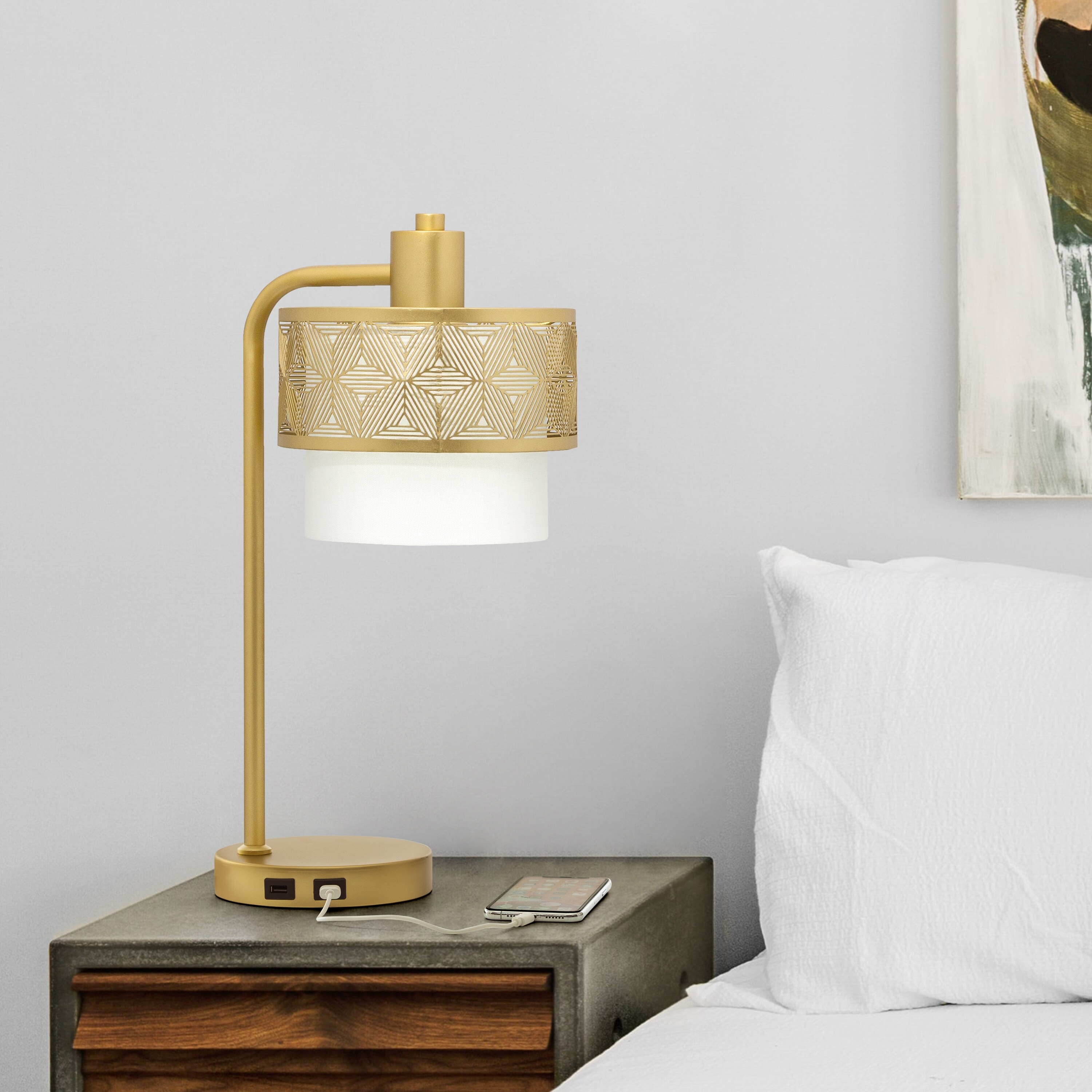 Celia River of Goods Painted Gold Metal 19.5-Inch Table Lamp with Painted Gold Metal and White Fabric Drum Shade - Mycitystee