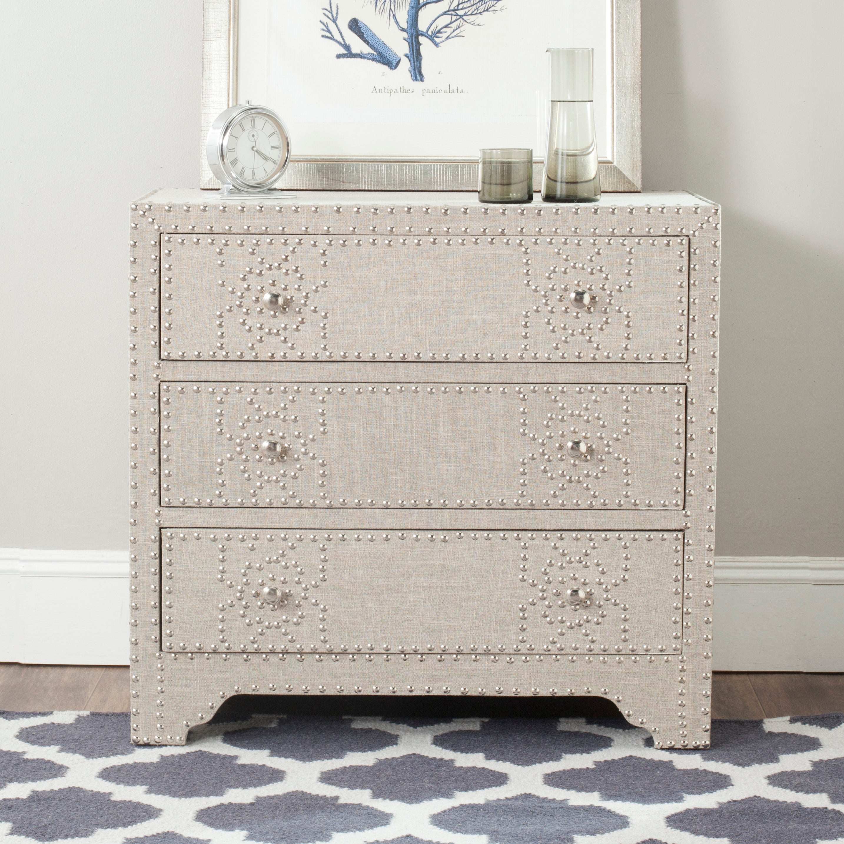 SAFAVIEH Gordy Grey 3-drawer Silver Nailhead Chest - - 14430273 - Mycitystee