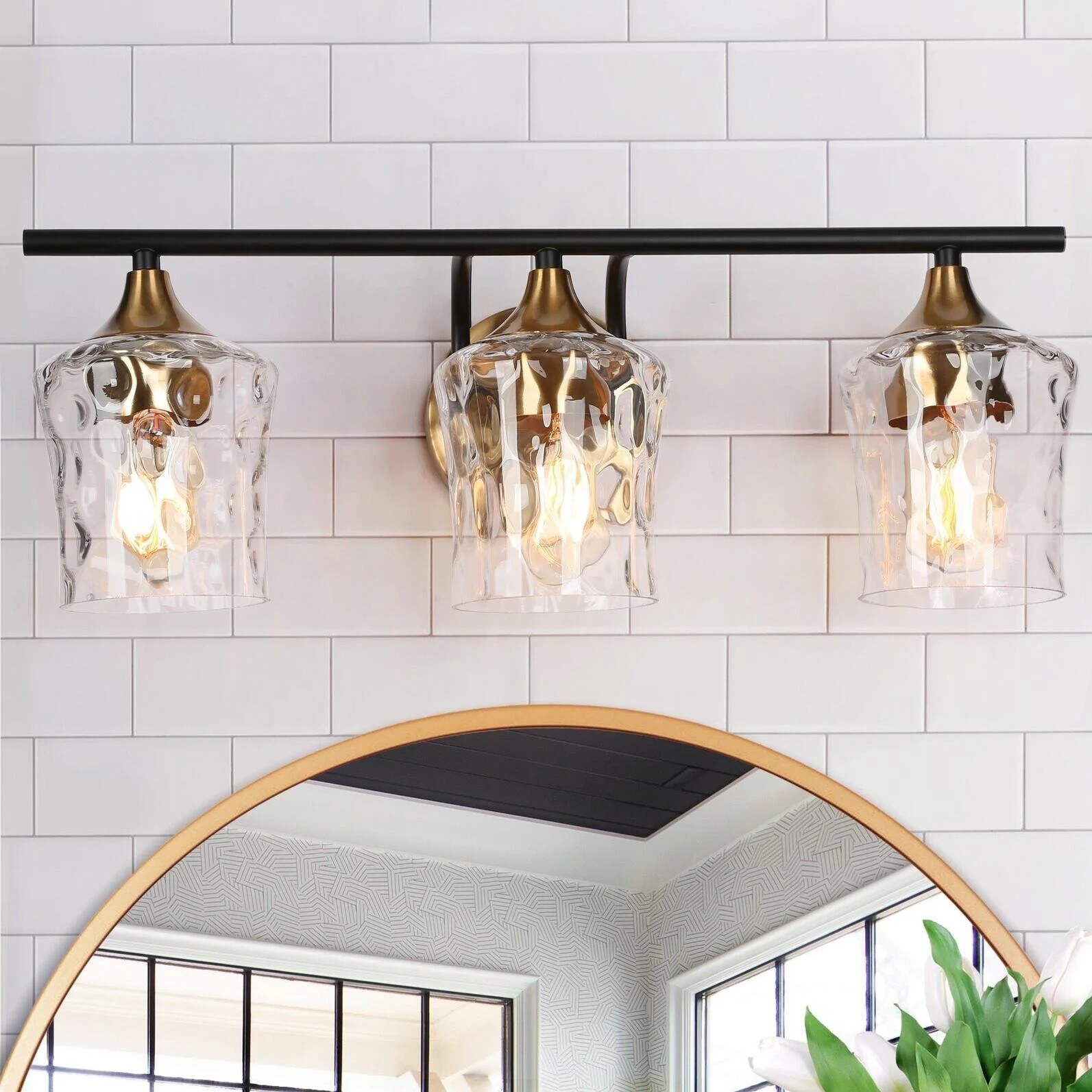 3-Light Modern Bathroom Vanity Light Dimmable Black Gold Glass Wall Sconce - 20