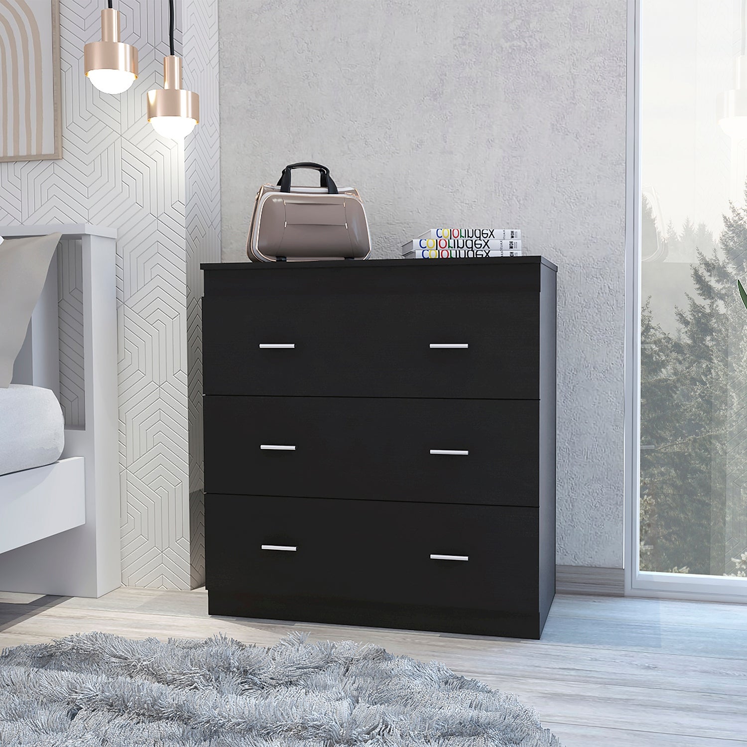 Classic Three Drawer Dresser with Handles，Black/Light Gray/White - - 37823932 - Mycitystee
