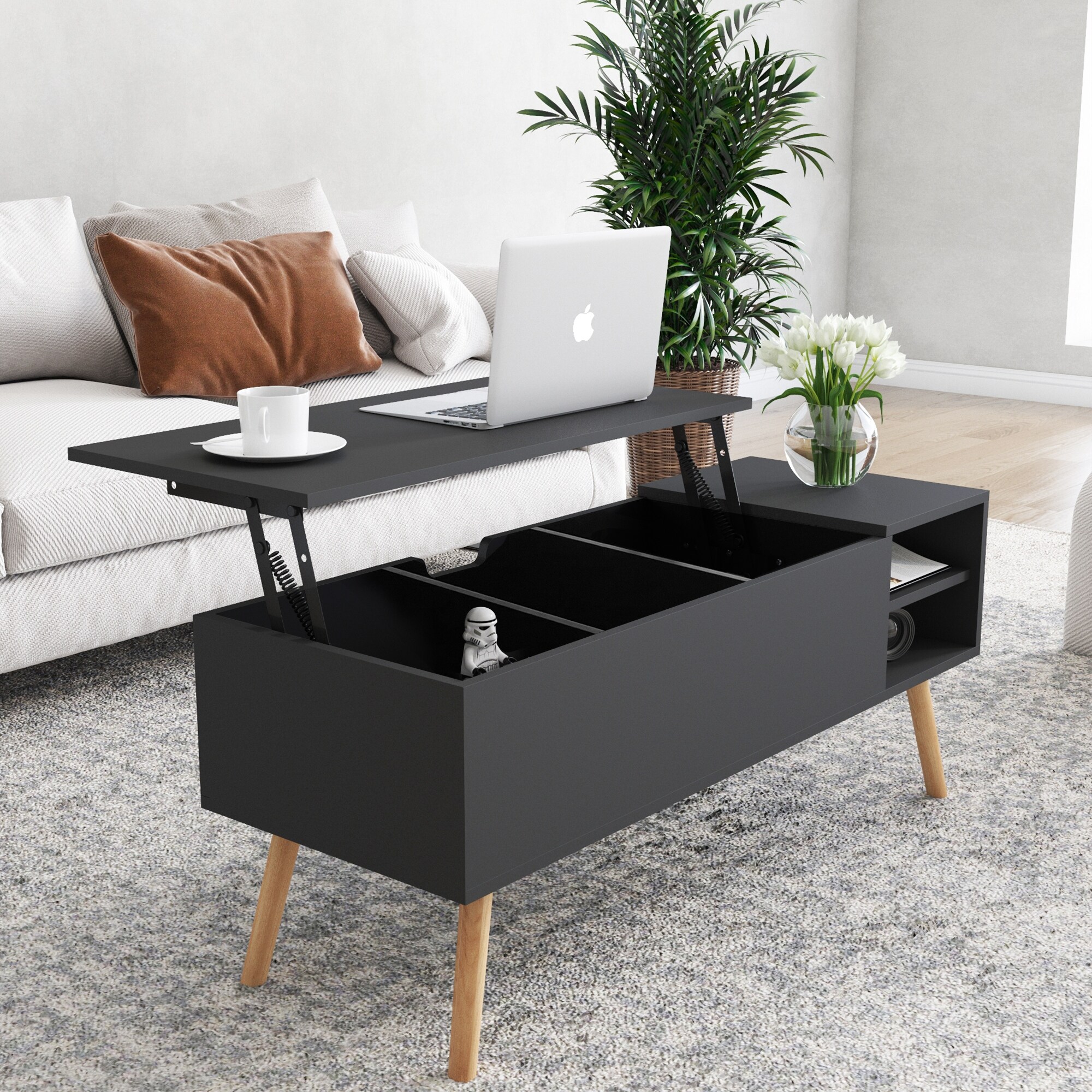 Coffee Table with Solid Wood Leg Rest，Liftable and Lowerable Table Top - Mycitystee