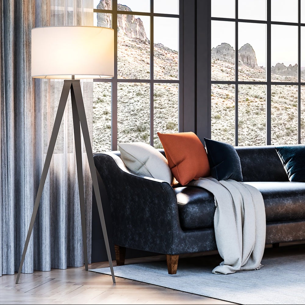 Luxury Mid-Century-Modern Floor Lamp， 20''W x 20''D x 61''H， with Scandinavian Elements， Satin Nickel Finish and Linen Shade - Mycitystee