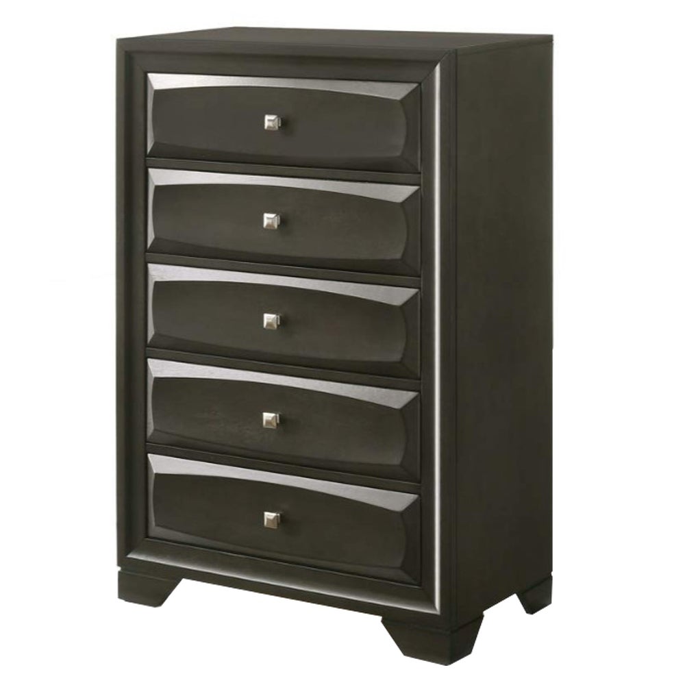 Five Drawer Chest With Brushed Nickel Accent And Chamfered Legs， Antique Gray - - 25687735 - Mycitystee
