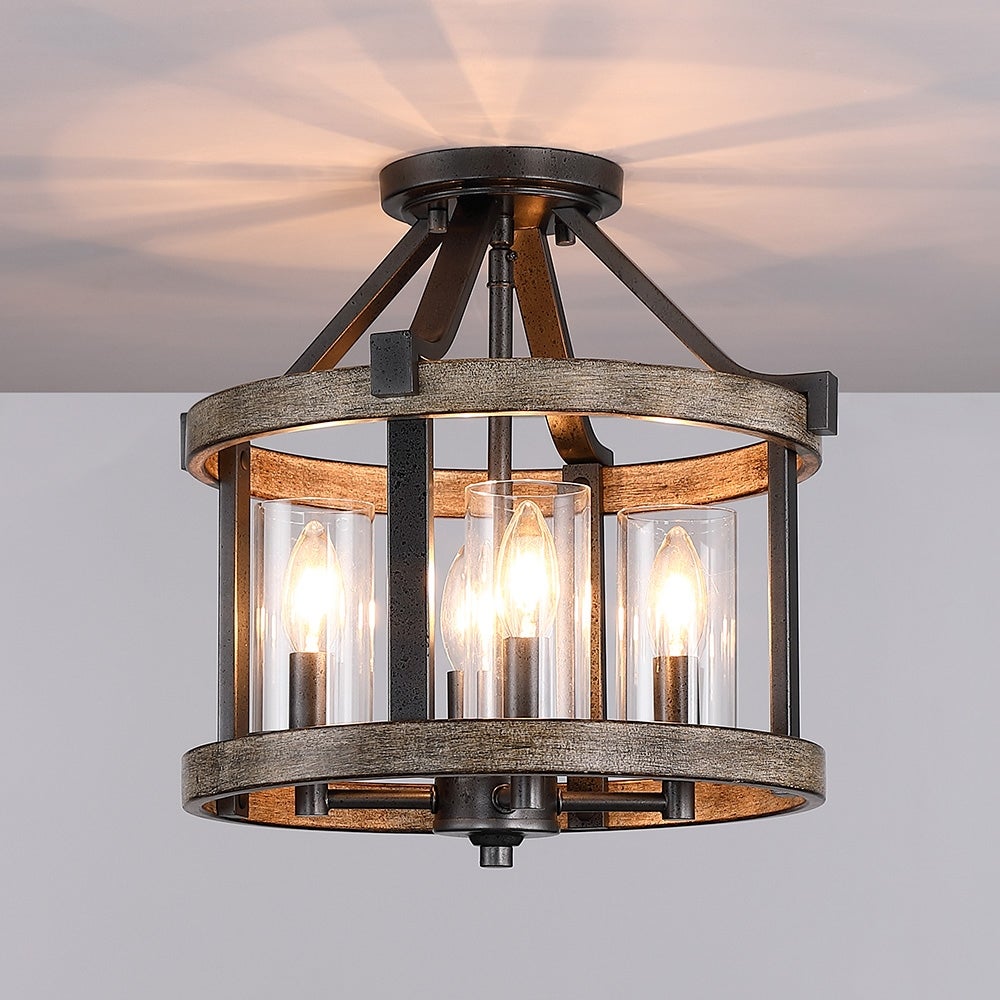 12.5 in. 4-Light Natural Iron and Distressed Faux Wood Modern Farmhouse Semi-Flush Mount Ceiling Light - 12.5
