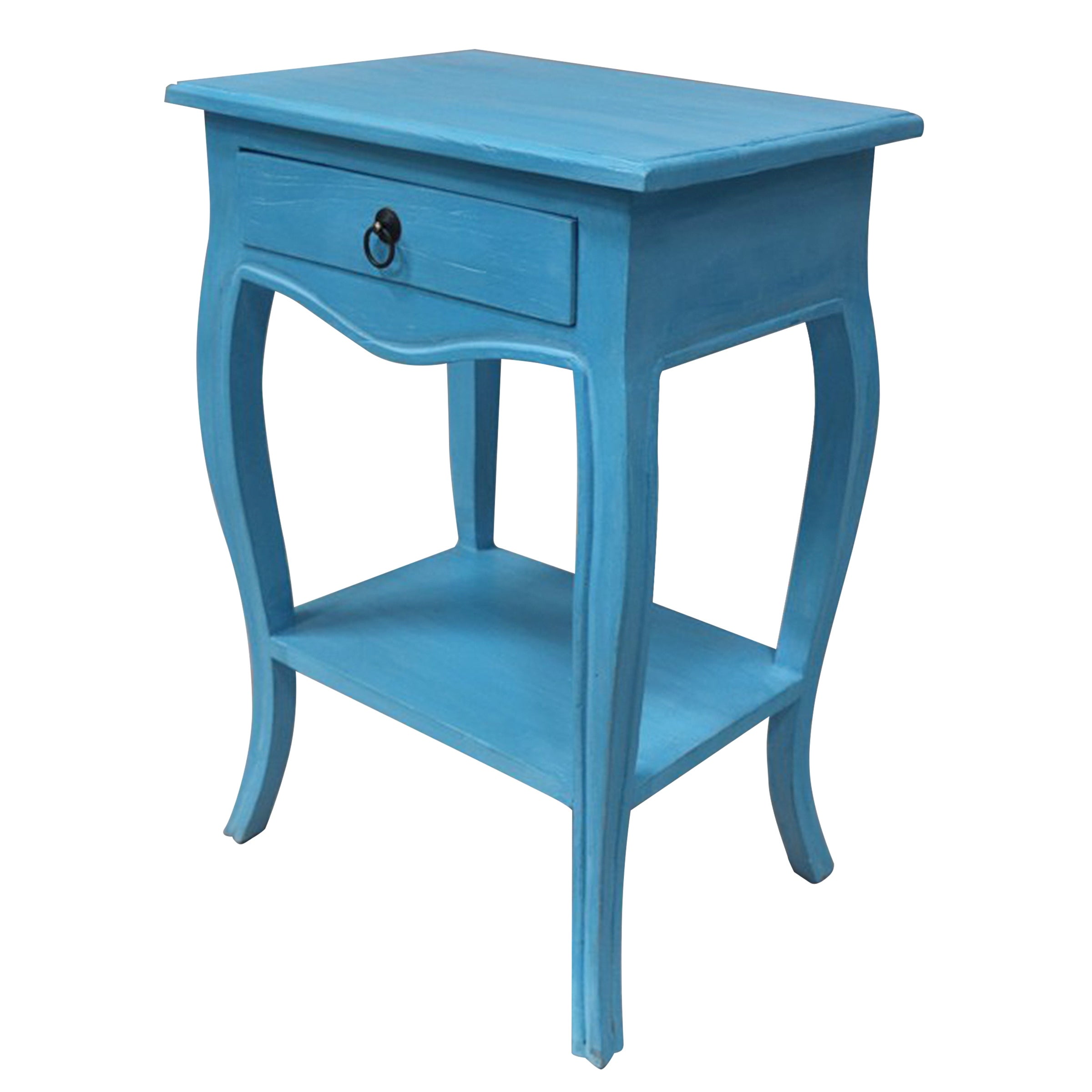 Paris - Side Table With A Single Drawer And Shelf - Solid Mindy Wood - Natural Wood Finish - Antique Blue Finish - Mycitystee