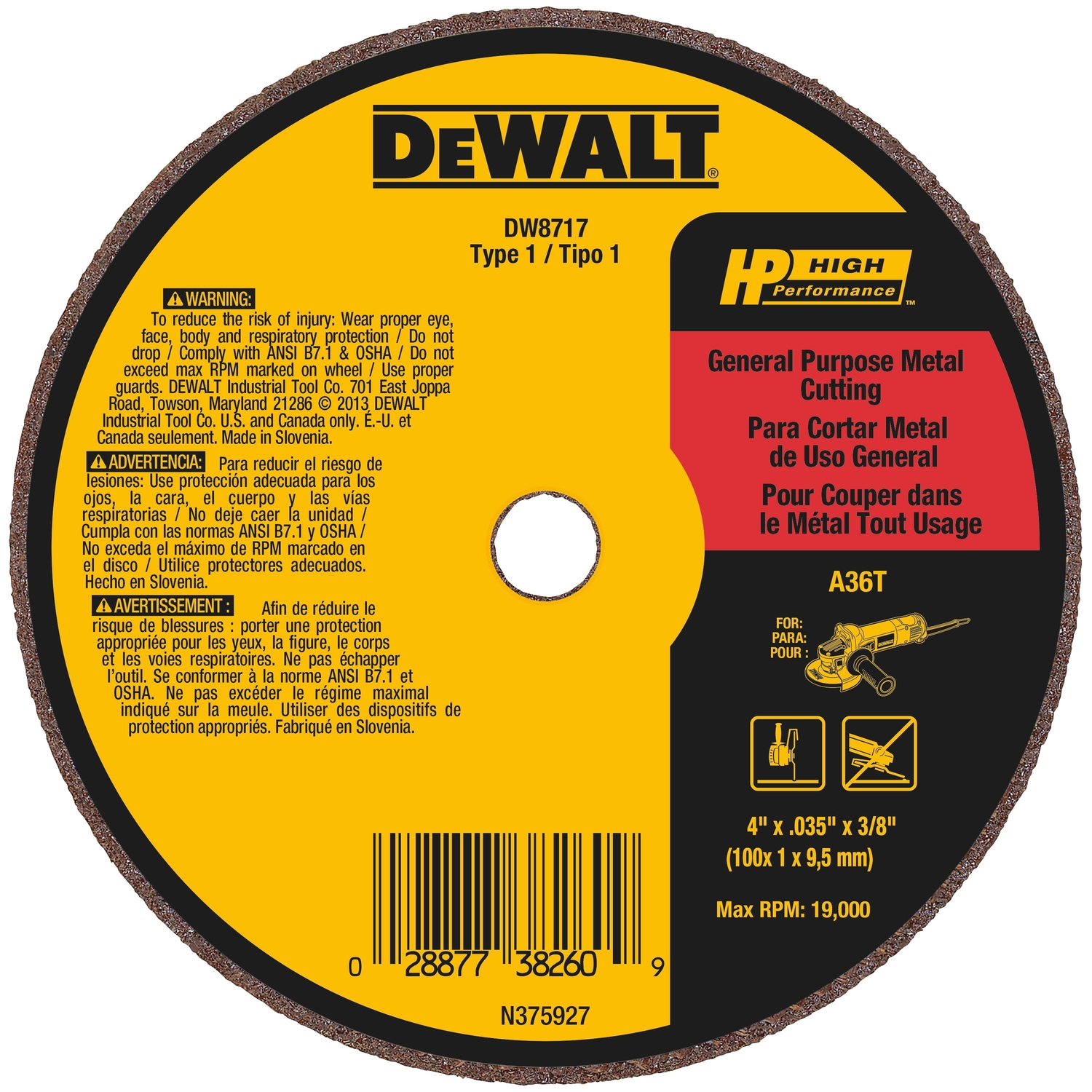 DeWalt 4 in. D X 3/8 in. Aluminum Oxide Cut-Off Wheel - Mycitystee