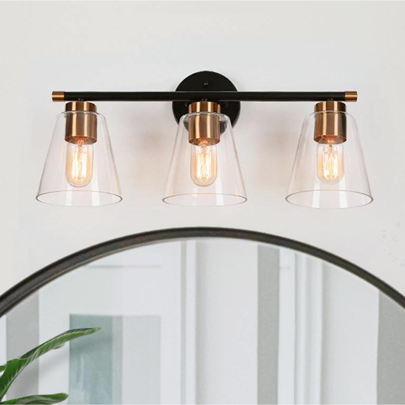 Fnly Modern Farmhouse 3-light Black Gold Bathroom Vanity Light LED Dimmable Cone Sconce with Clear Glass - Mycitystee