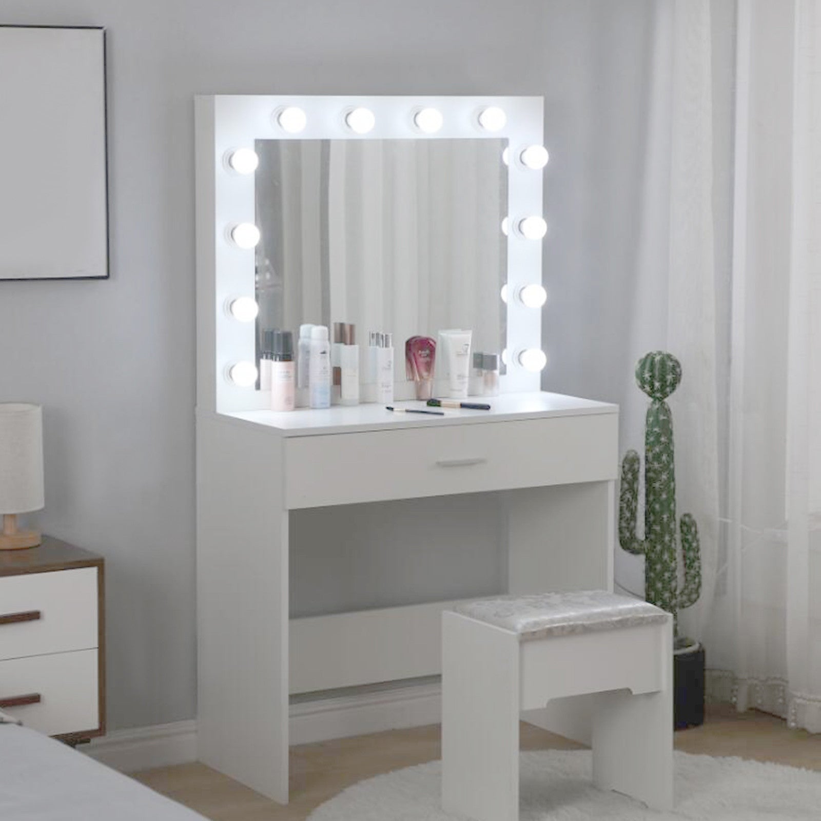 Vanity Jewelry Makeup Dressing Table Stool Mirror White - - 37538990 - Mycitystee