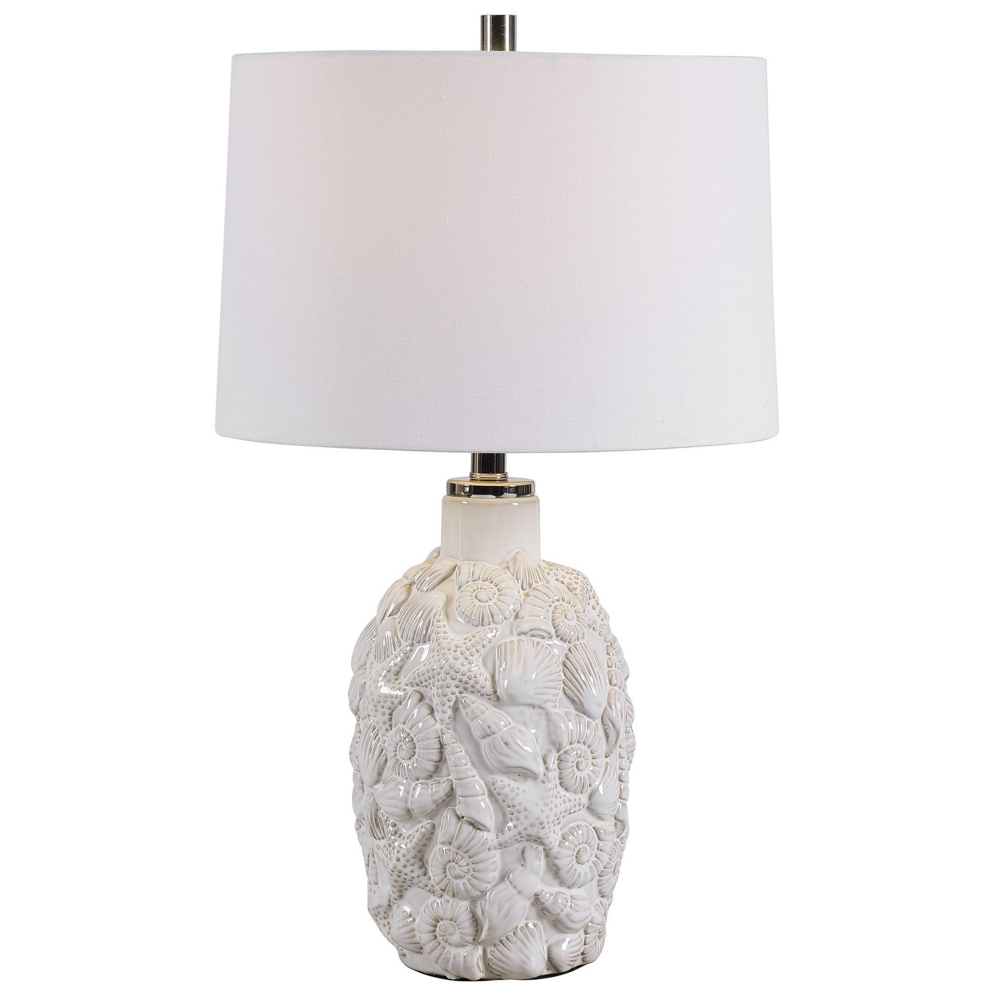 Bellied Shape Ceramic Table Lamp with Starfish and Sea Shell Carving，White - Mycitystee