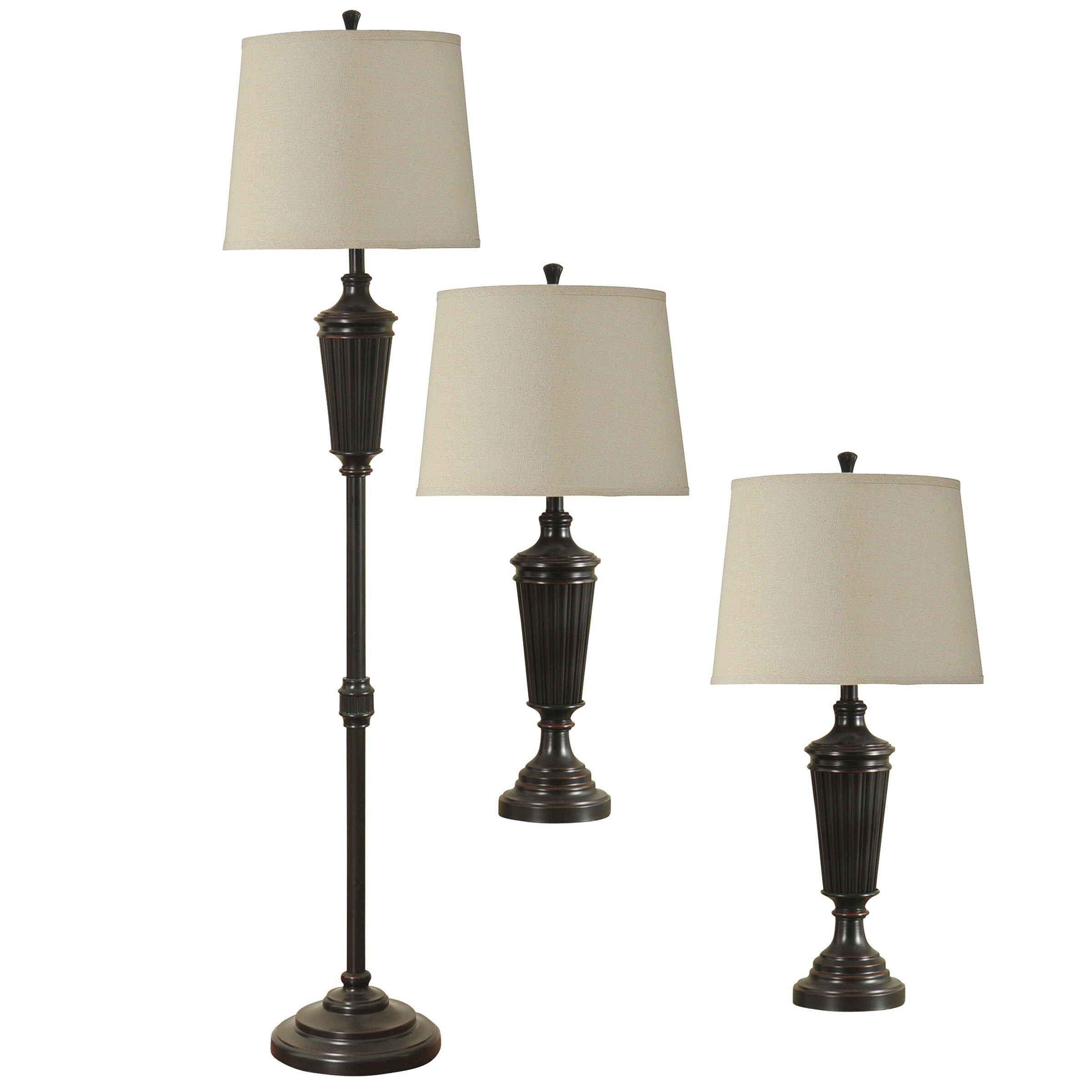 StyleCraft Bronze Wood Table and Floor Lamp - White Hardback Fabric Shade (Set of 3) - Mycitystee