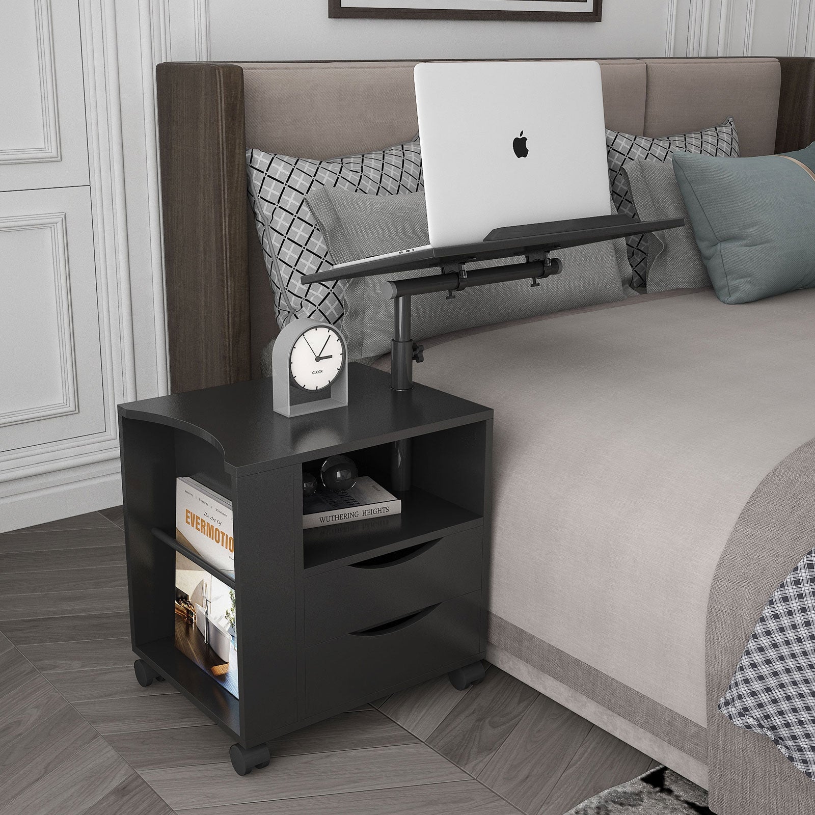 Height Adjustable Overbed End Table Wooden Nightstand with Swivel Top， Drawers， Wheels and Open Shelf， Black - Mycitystee