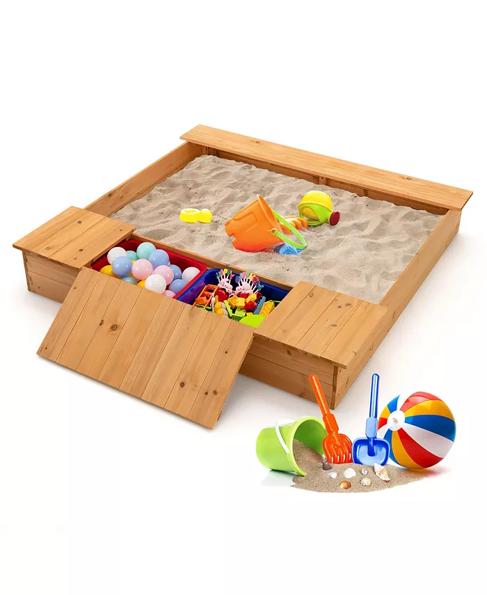 Costway Kids Wooden Sandbox w  Bench Seats Storage Boxes Children Outdoor Playset - Mycitystee