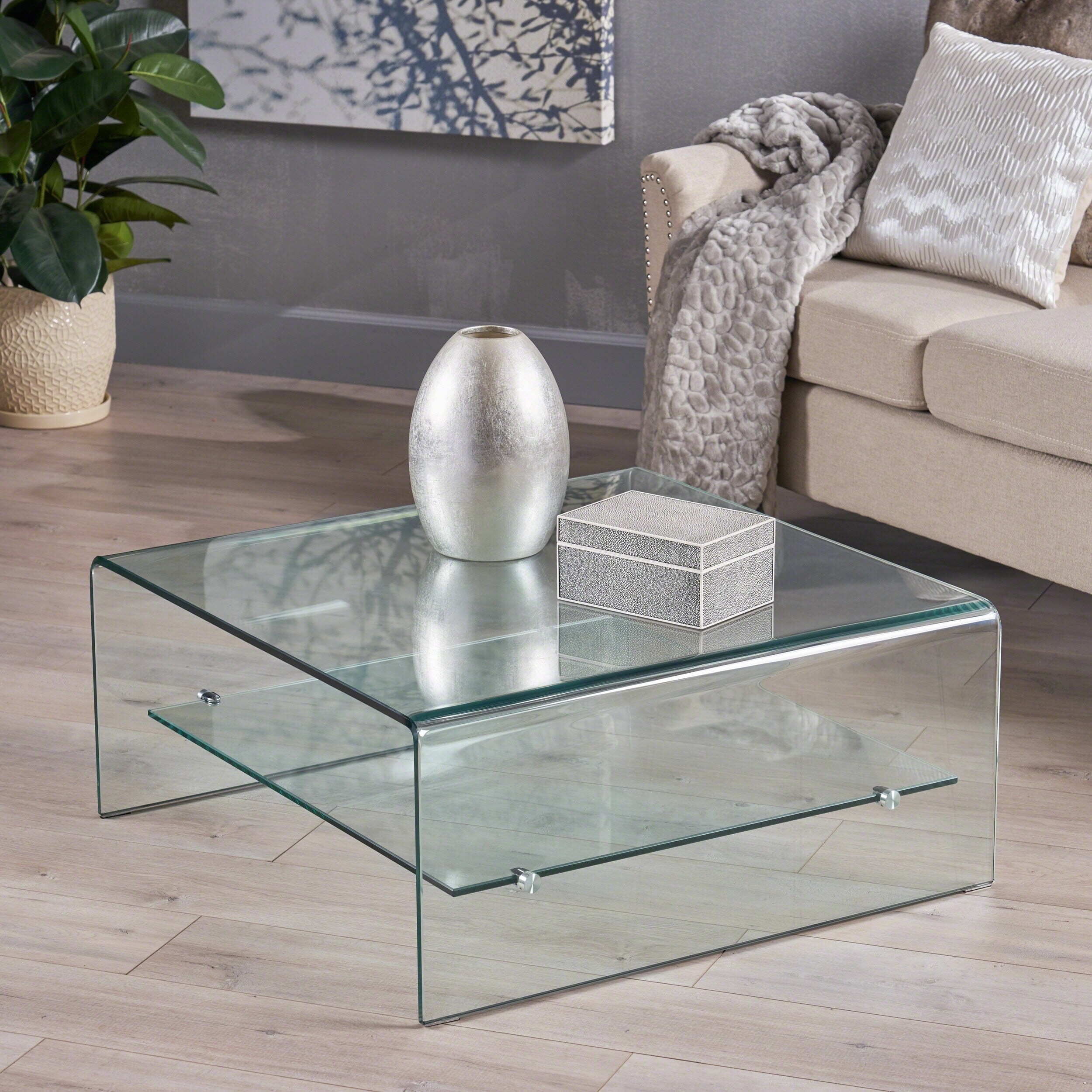 Ramona Square Glass Coffee Table with Shelf by Christopher Knight Home - Mycitystee