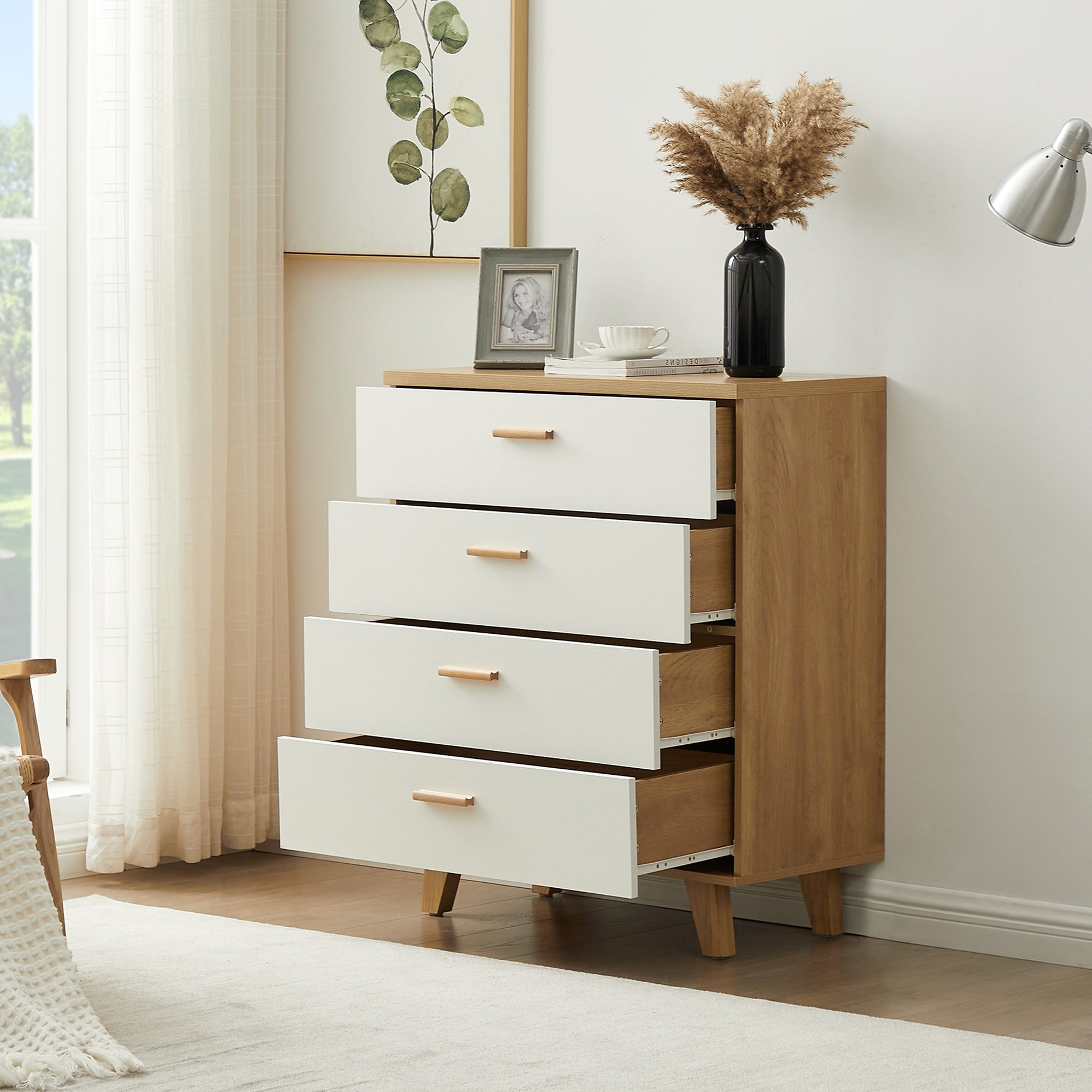 Solid Wood Storage Organization， 4 Drawer， Natural and White - - 35529014 - Mycitystee
