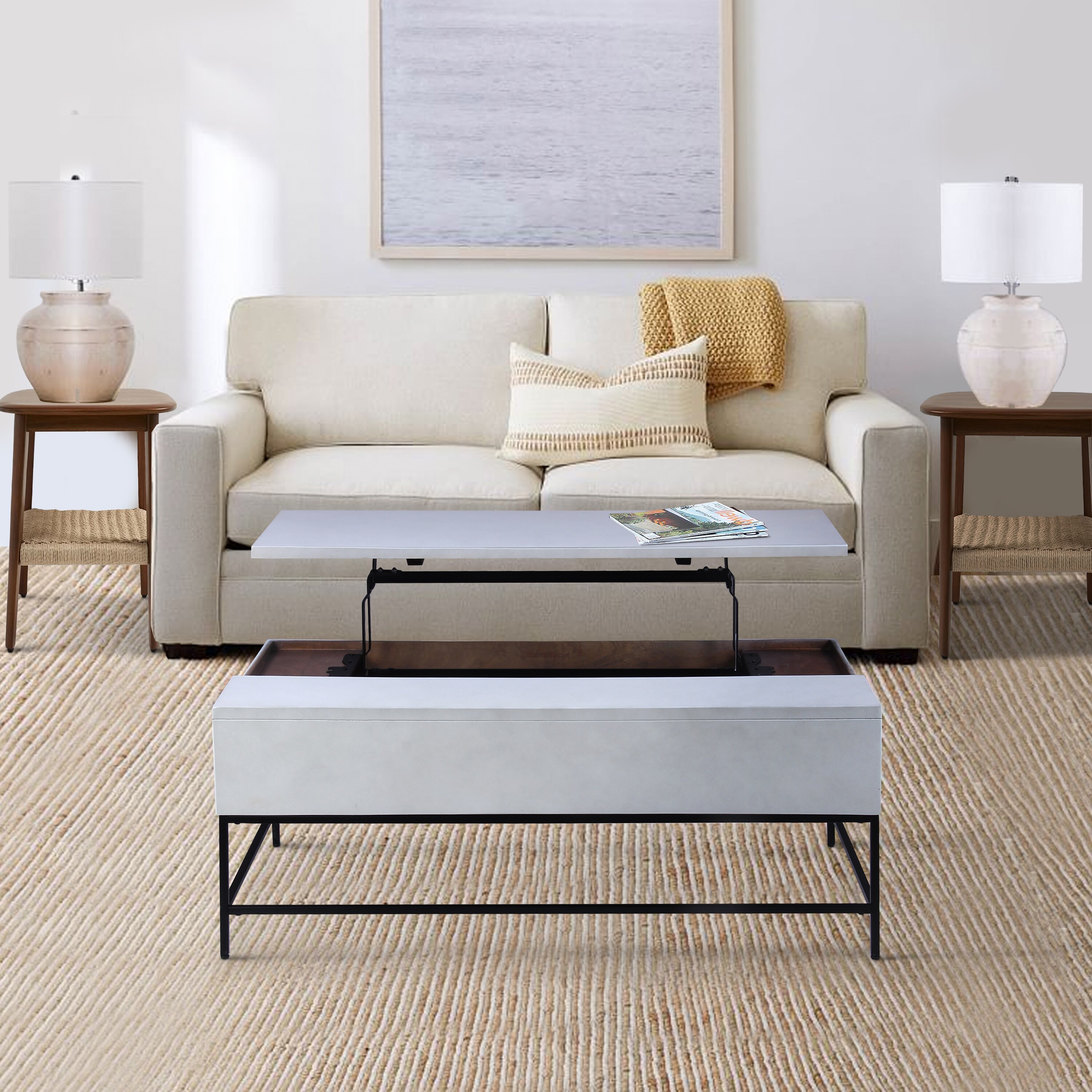 45 Inch Rectangular Mango Wood Coffee Table， Lift Top Storage， Iron Frame， White， Black - Mycitystee