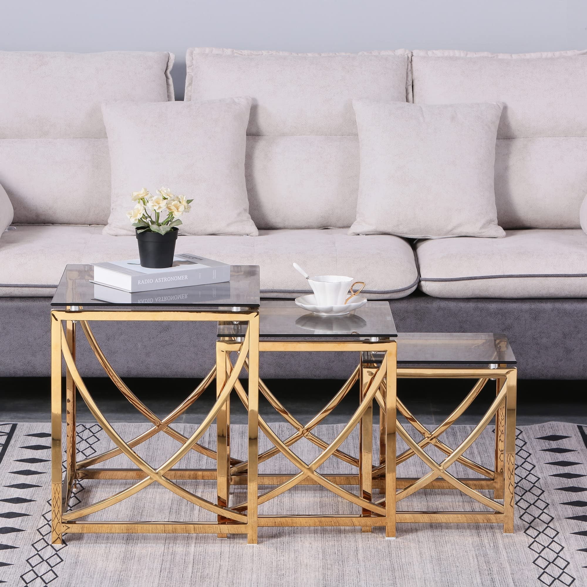 Small Coffee Table Set of 3， Nesting End Table 3 Pieces Side Tables Coffee Tables w/ Gray Tempered Glass and Gold - as picture - Mycitystee