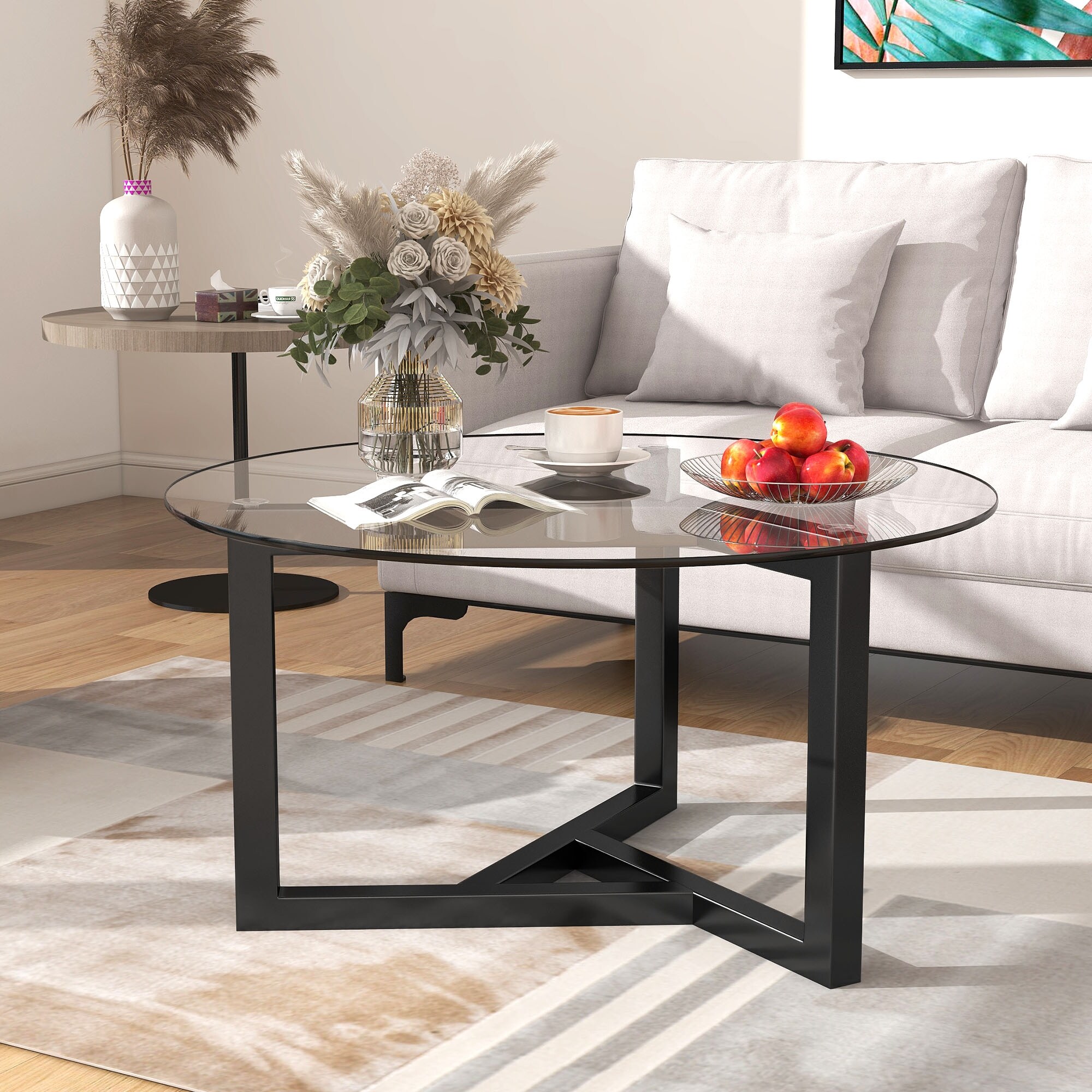 Round Glass Coffee Table with Tempered Glass Top and Sturdy Wood Base - Mycitystee