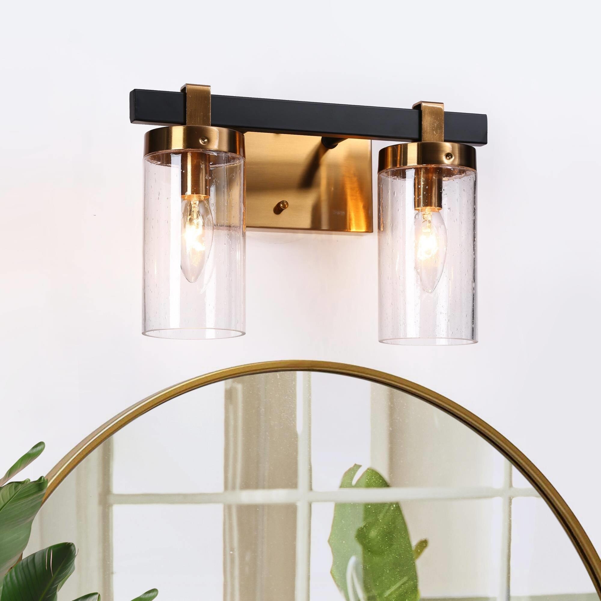 Yilia Modern Black Gold 2-Light Linear Bathroom Vanity Light with Glass Shades - 12
