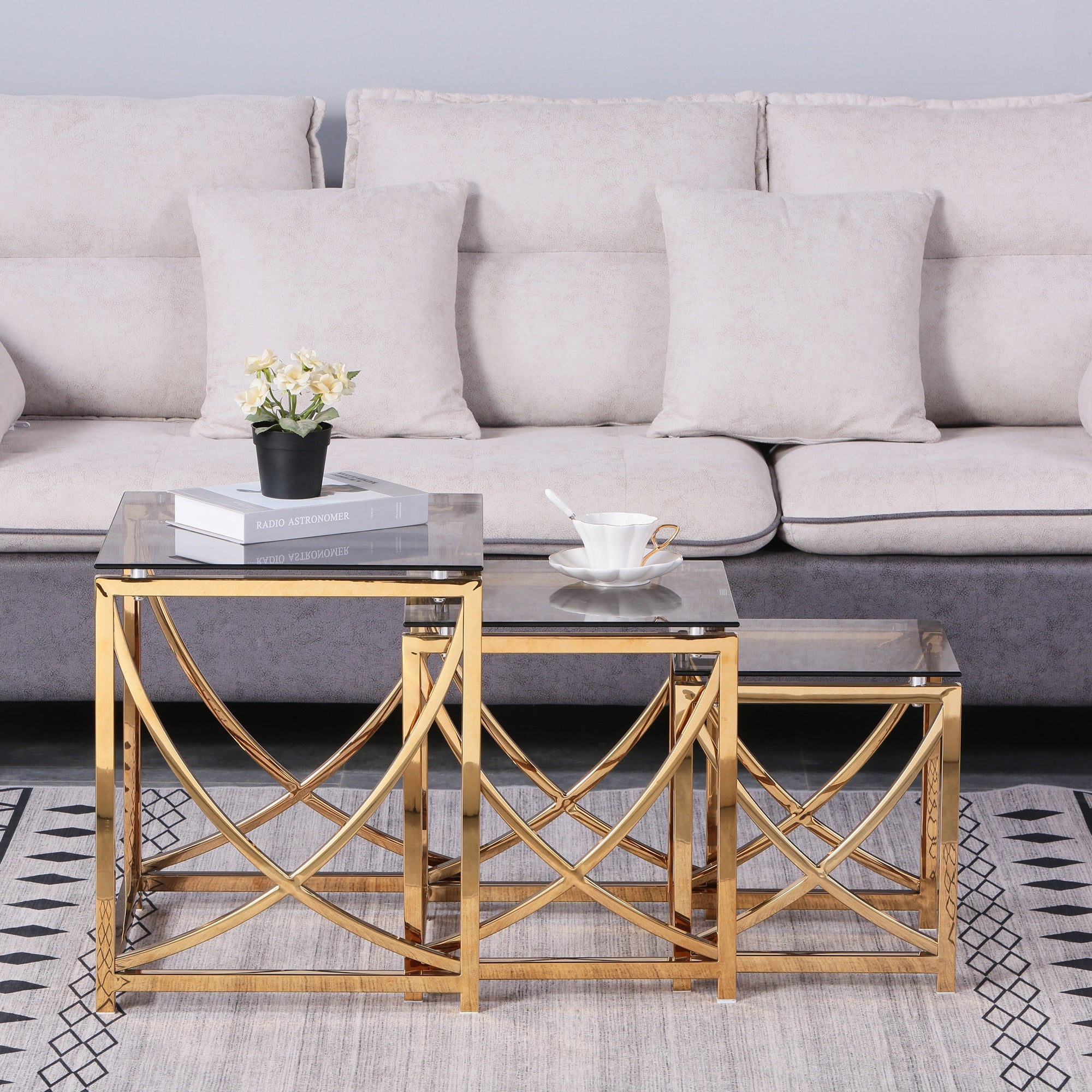 3 Pcs Modern Nesting Coffee Table with Glass Countertops， Sofa Table with Stainless Steel Frame for Living Room， Office - Mycitystee